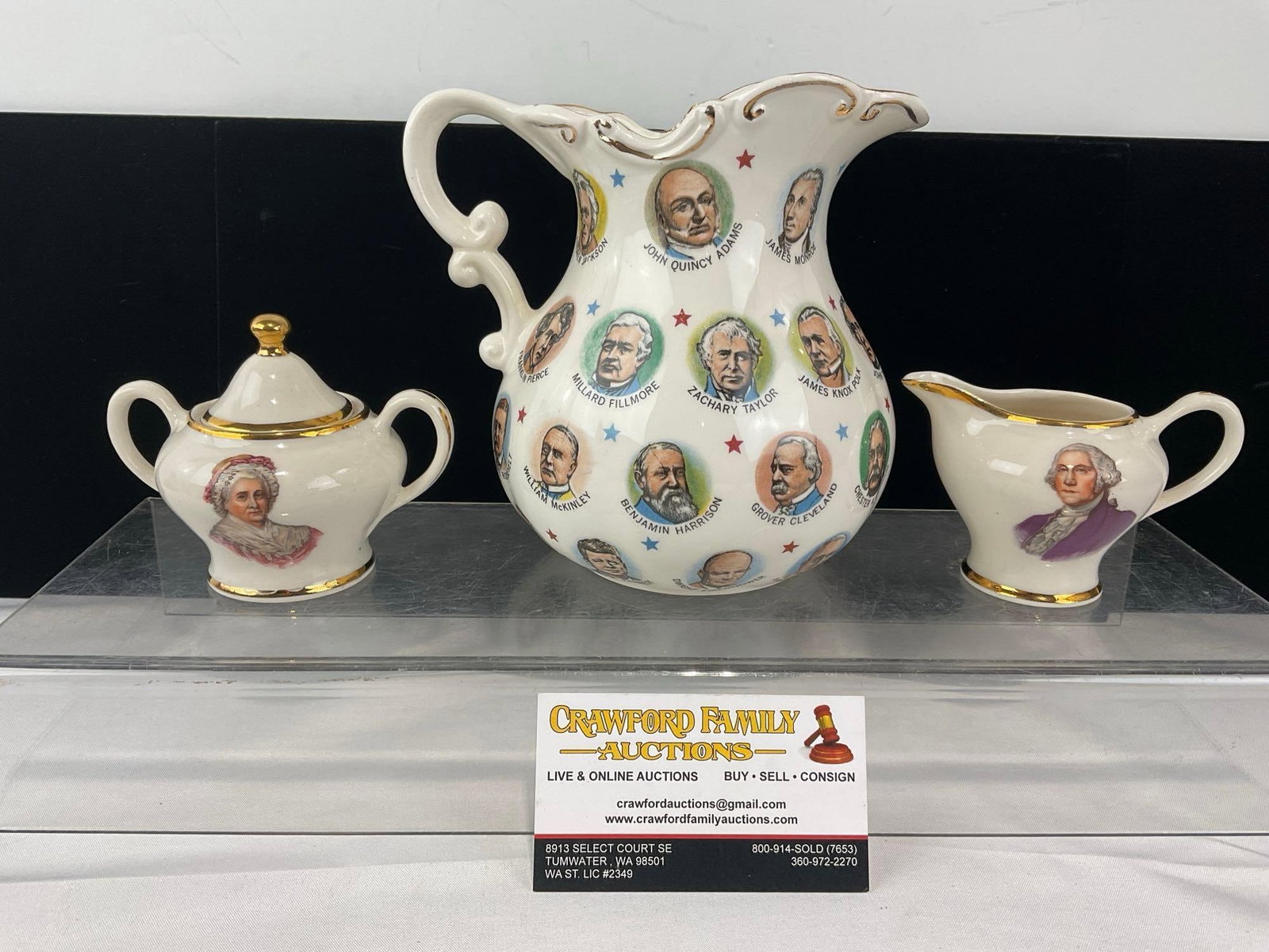 George & Martha Washington Creamer & Sugar Bowl, 1965 Chadwick-Miller Presidential Pitcher: Appears to be in good shape. The piece measures approx 10h x 8w x 6d inches. See pics. E-6610