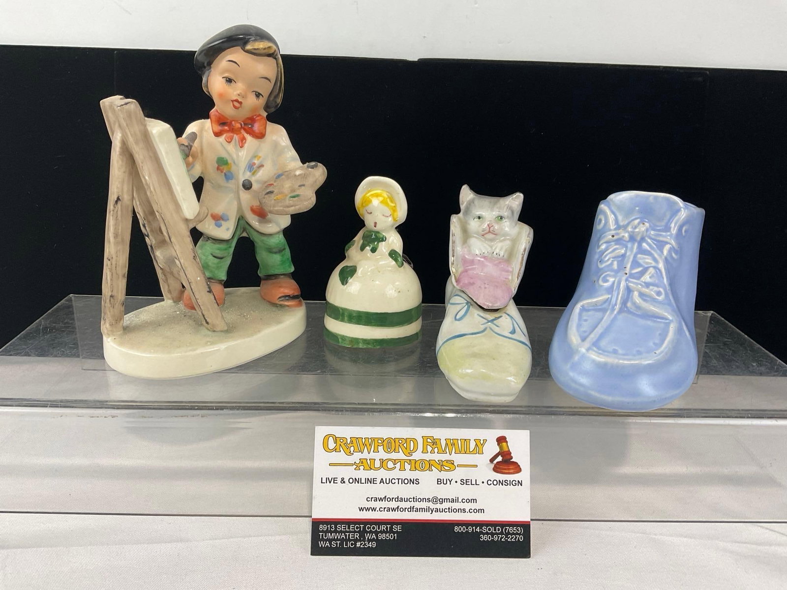 Friedel Bavarian Artist, Woman Bell, Cat in a Boat, & Nelson McCoy Blue Shoe Planter: Appears to be in good shape. The piece measures approx 5h x 11w x 6d inches. See pics. E-6610