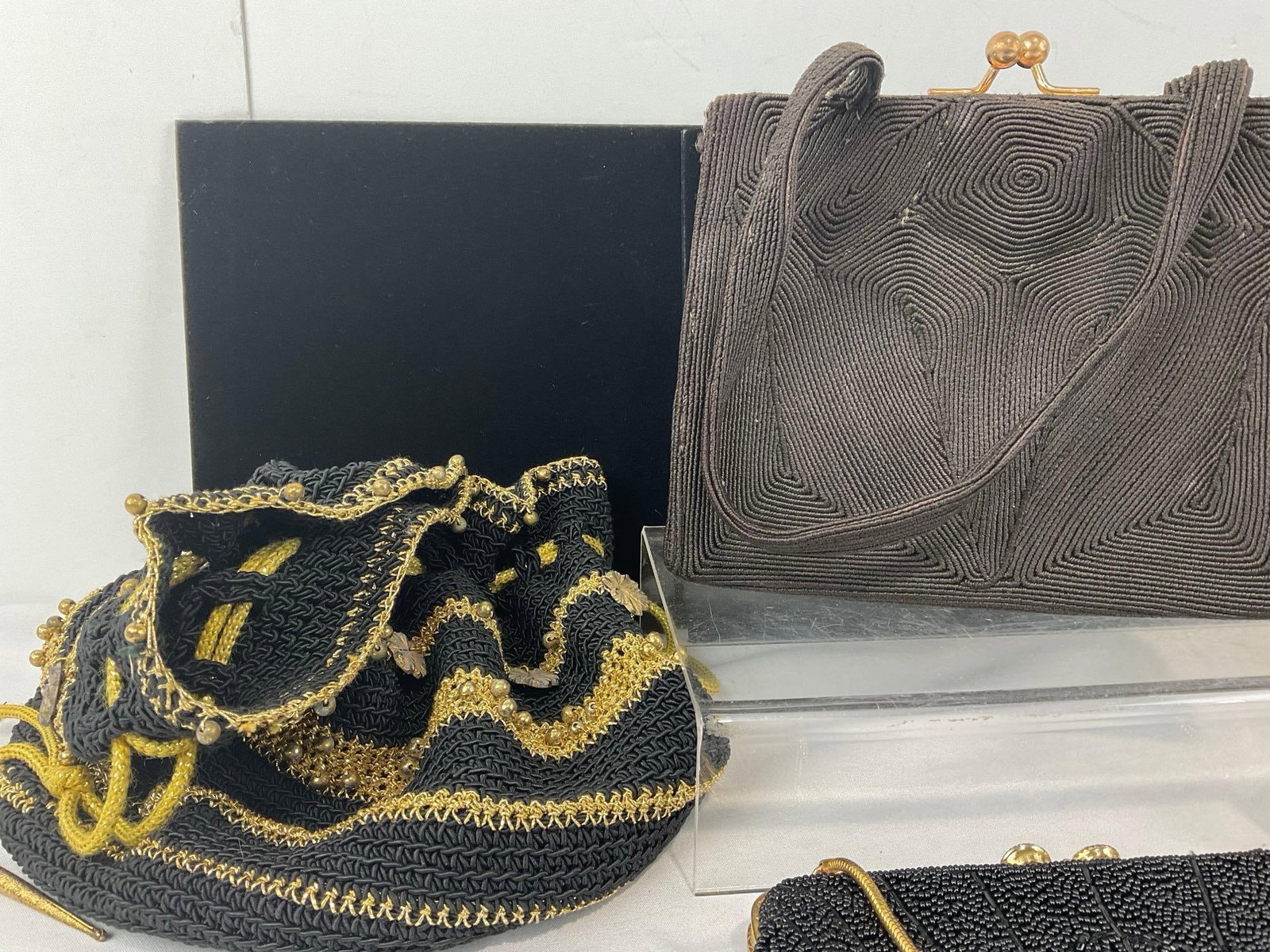 Variety of 7 Purses, Coinpurses, & Evening Clutches, Crochet Drawstring w/Bakelite Bottom, Beaded - 2