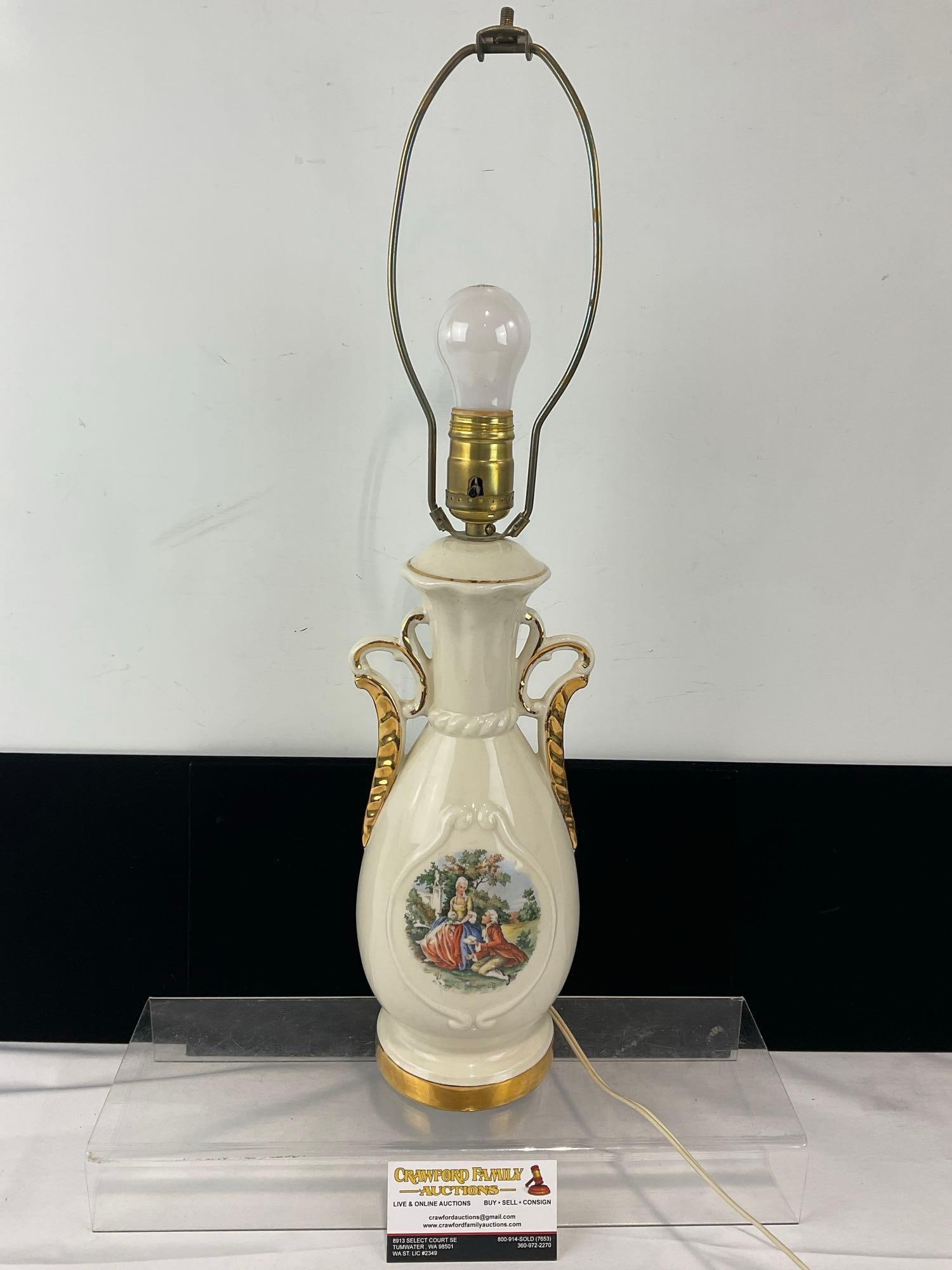 Vintage Porcelain Table Lamp, Gilt Two Handles, George & Martha Scene, no shade: Appears to be in good shape, tested & working. The piece measures approx 23h x 6w x 7d inches. See pics. E-6610