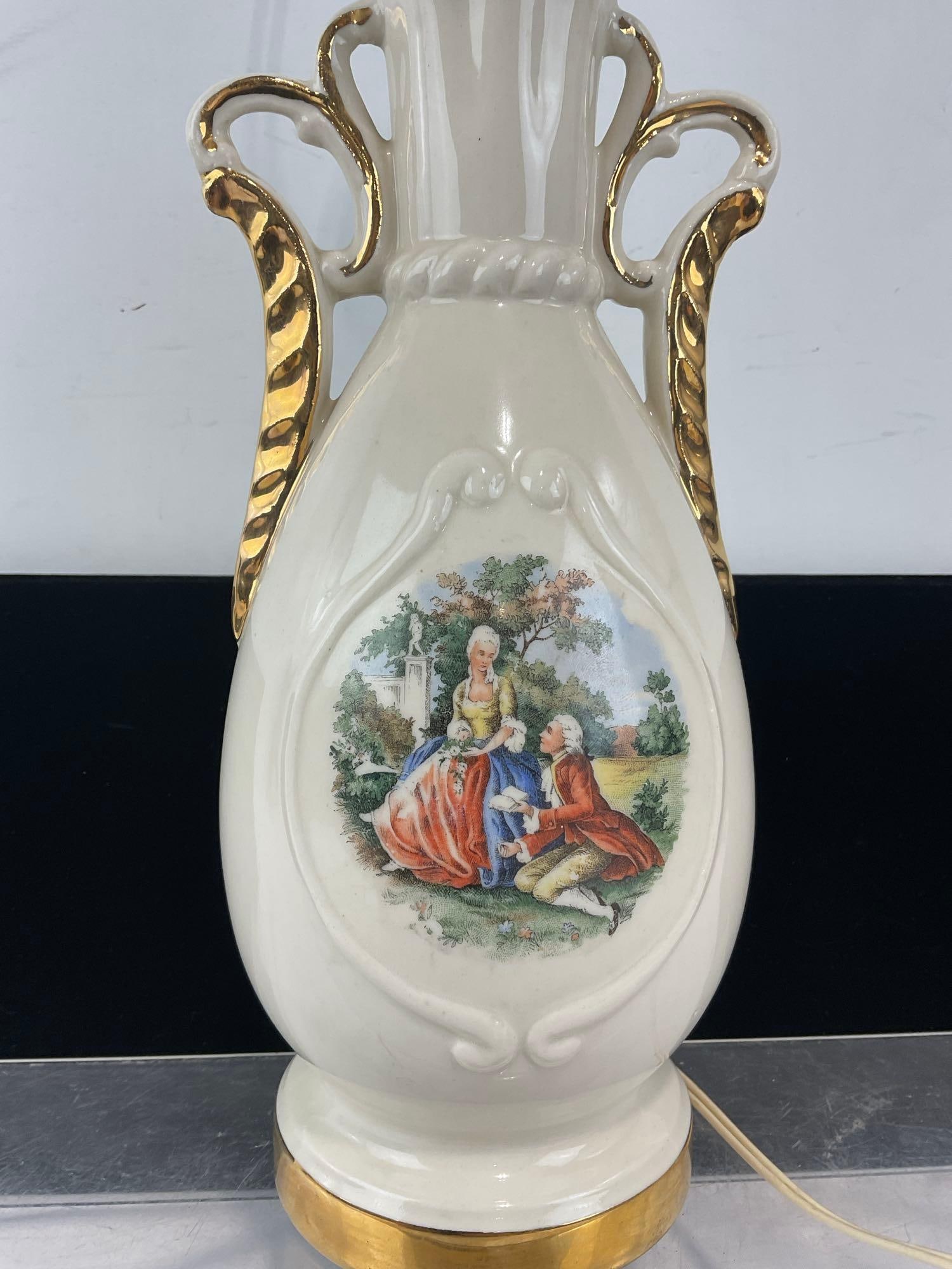 Vintage Porcelain Table Lamp, Gilt Two Handles, George & Martha Scene, no shade - 2