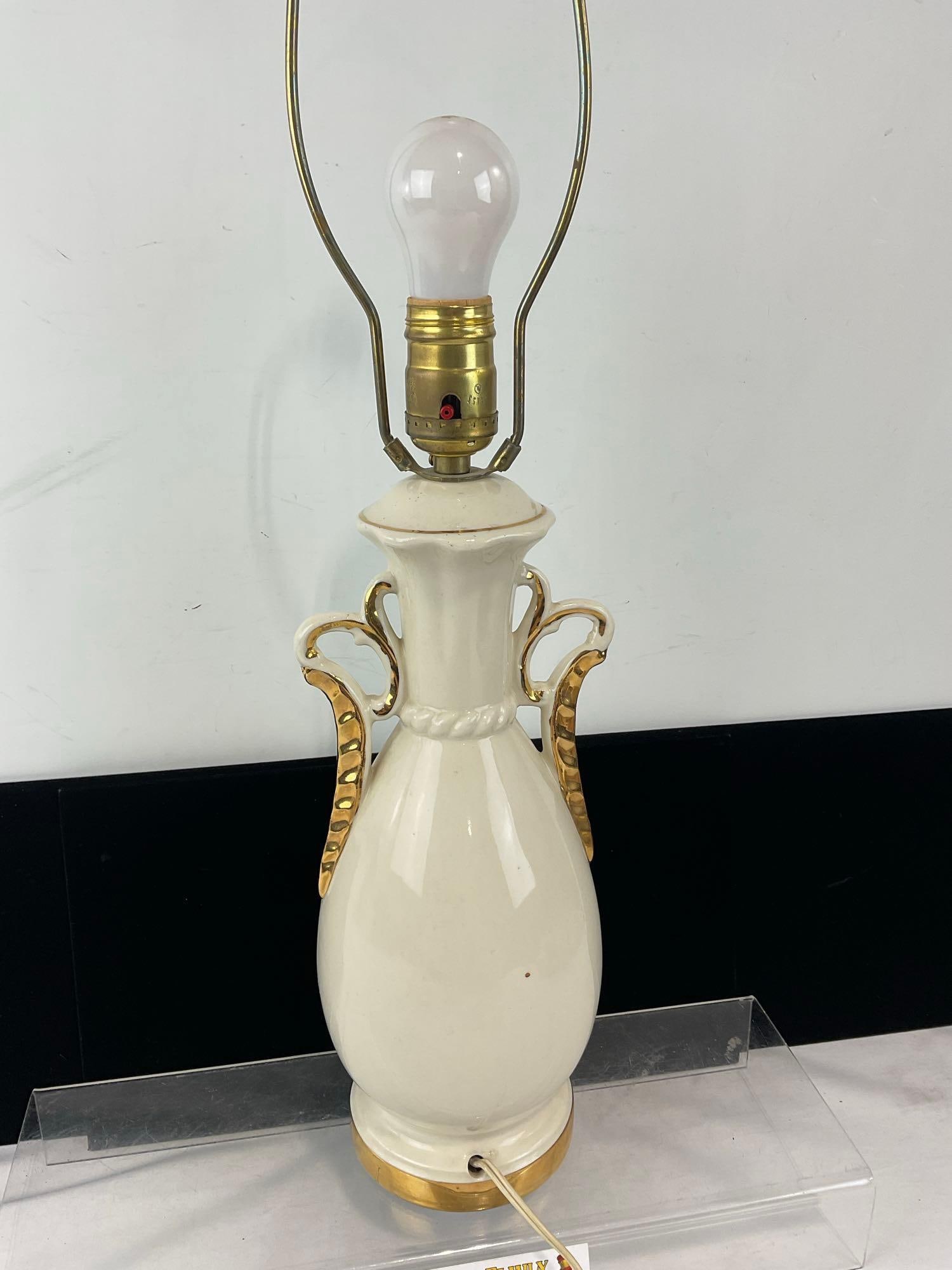 Vintage Porcelain Table Lamp, Gilt Two Handles, George & Martha Scene, no shade - 4