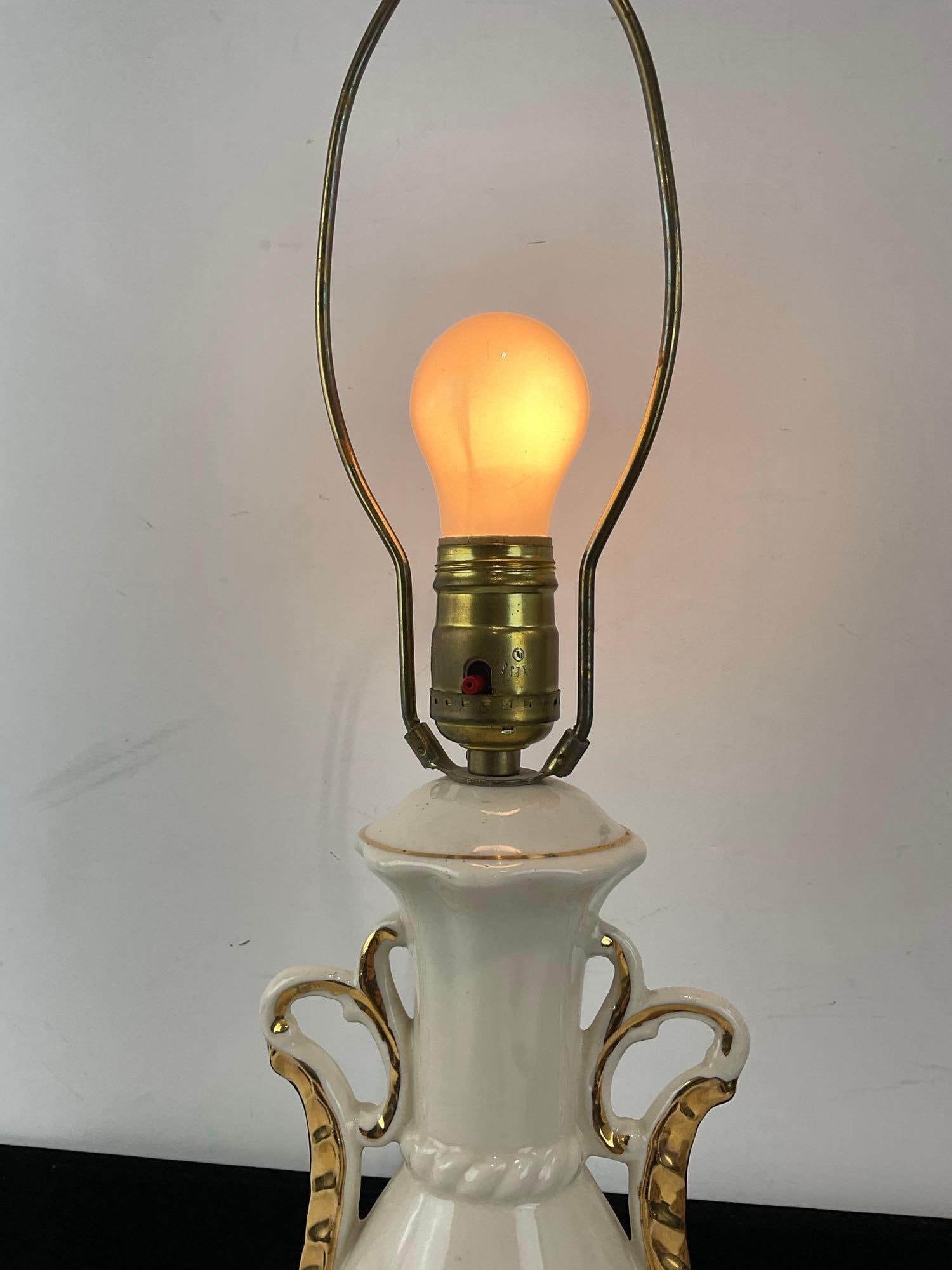 Vintage Porcelain Table Lamp, Gilt Two Handles, George & Martha Scene, no shade - 5
