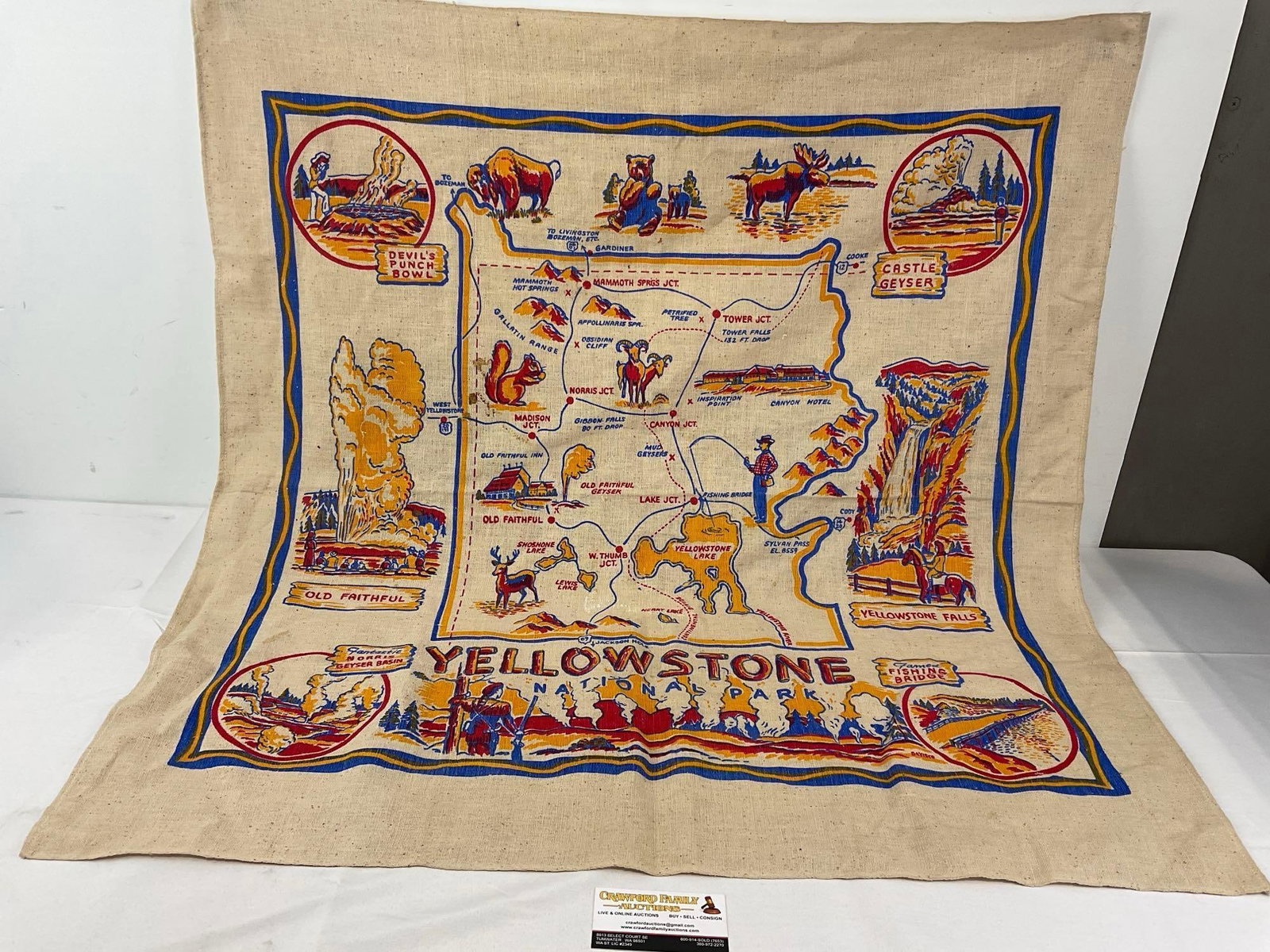 Vintage Mid Century Yellowstone National Park Souvenir Kitchen Towel, 30 x 30 inches: Appears to be in good shape. The piece rolled up measures approx 3h x 11w x 5d inches. See pics. E-6610