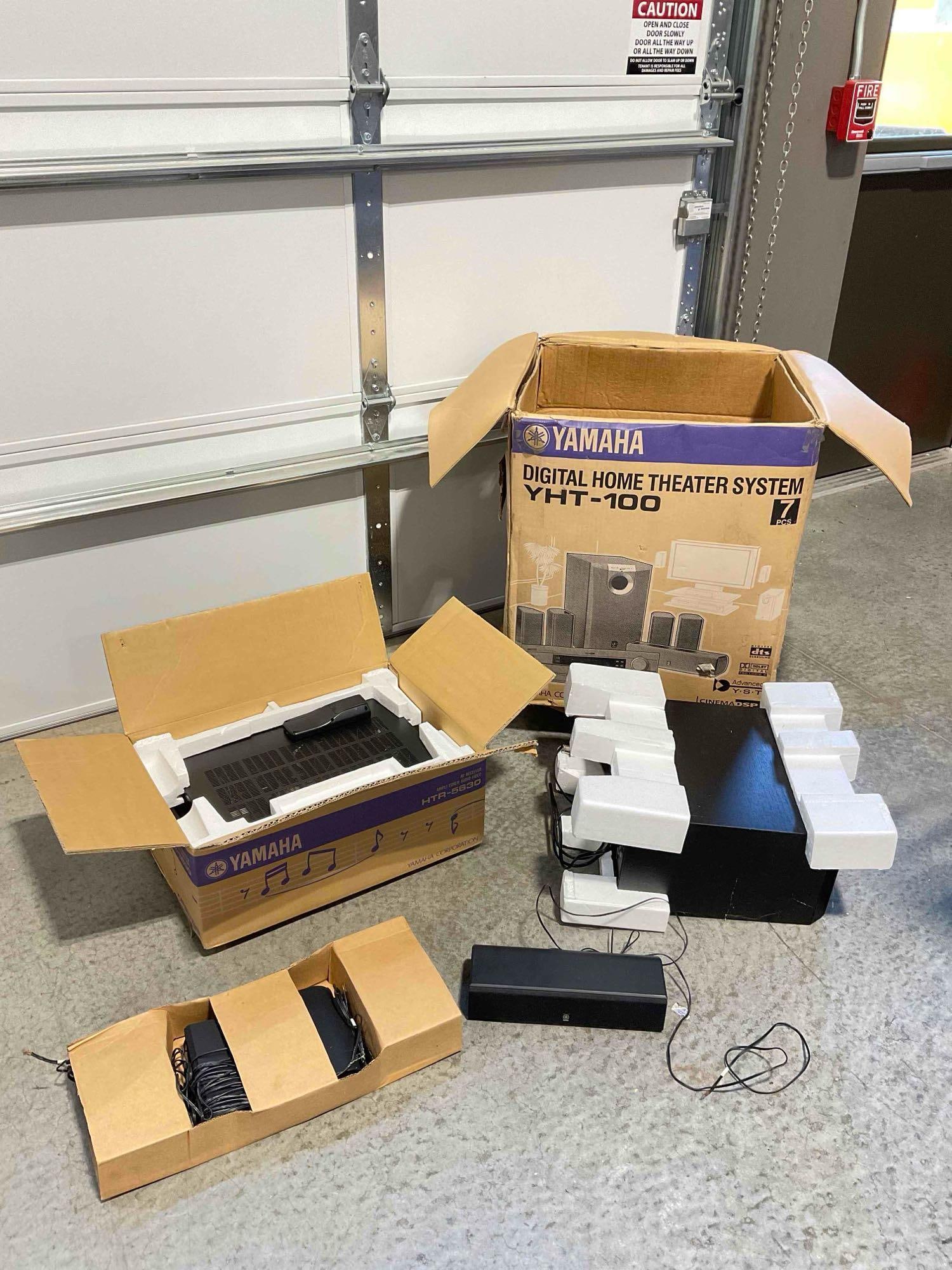 LNIB YAMAHA 7 pc Digital Home Theater System, w/ Receiver, Speakers & Subwoofer. See pics.: LNIB YAMAHA 7 pc Digital Home Theater System, w/ Receiver, Speakers & Subwoofer. See pics. Box has been opened for photography, pieces inside look to have not been used, box has wear indicative