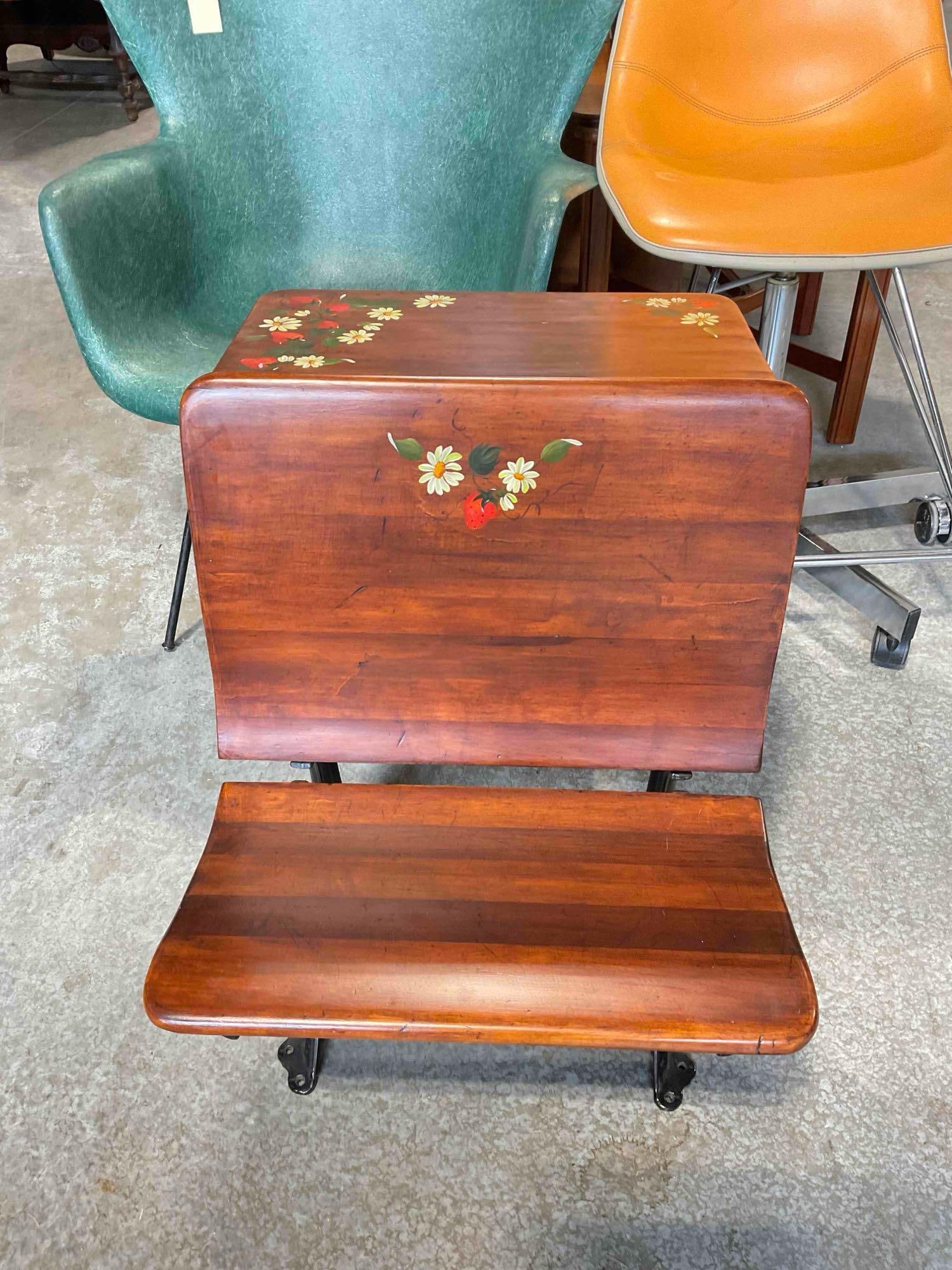 Charming Vintage Wood & Cast Iron Folding Child's School Desk w/ Painted Strawberry Motif. (1 of 6)