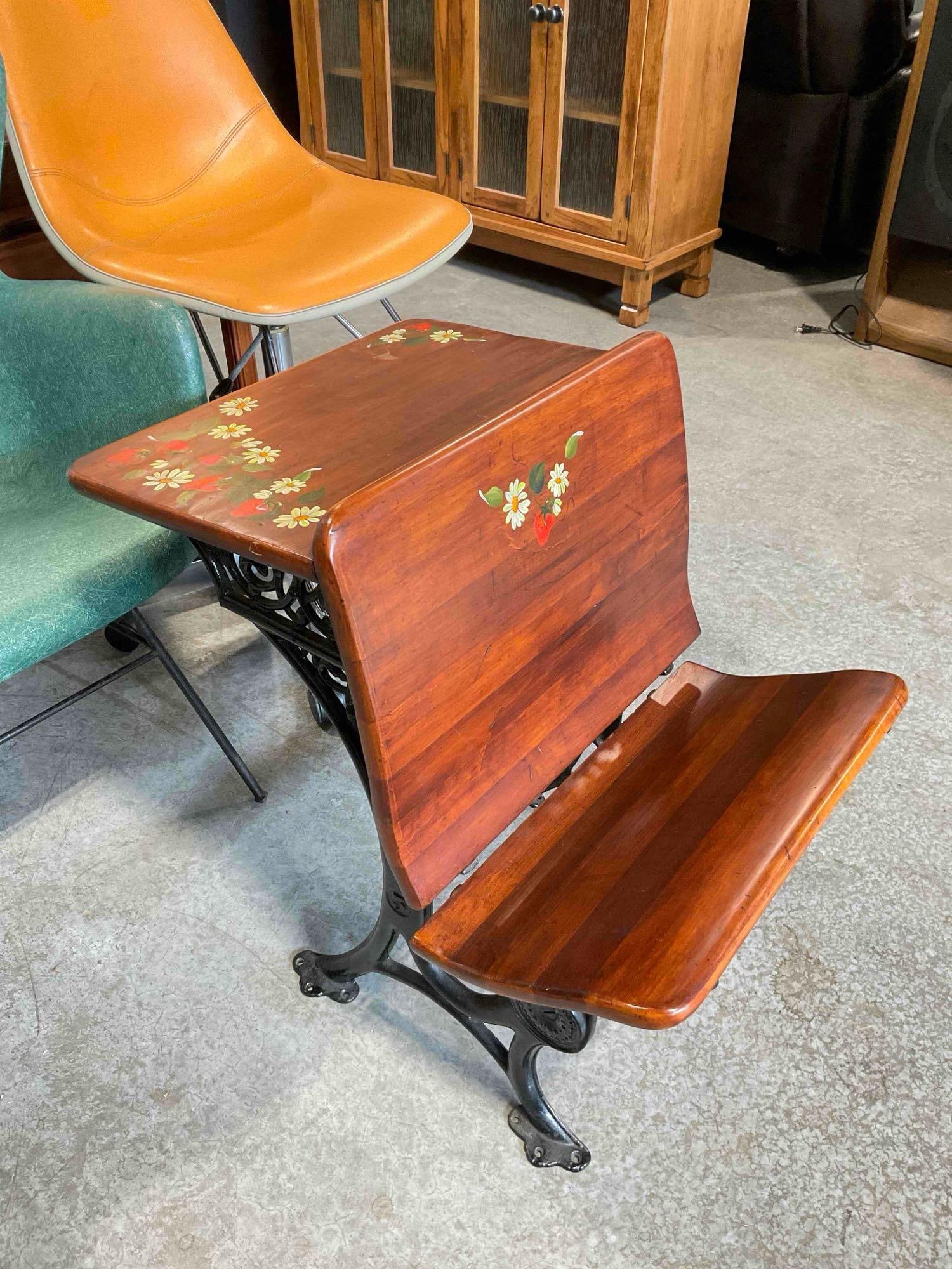 Charming Vintage Wood & Cast Iron Folding Child's School Desk w/ Painted Strawberry Motif. - 2