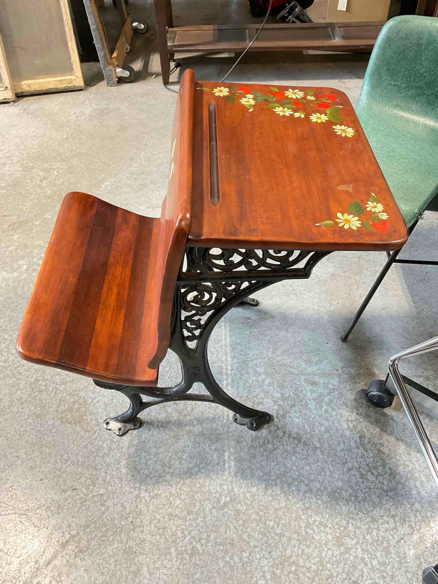 Charming Vintage Wood & Cast Iron Folding Child's School Desk w/ Painted Strawberry Motif. - 3