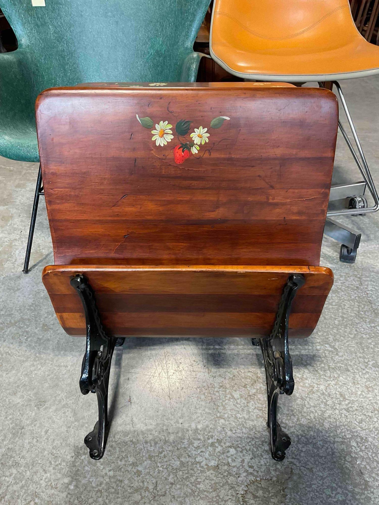 Charming Vintage Wood & Cast Iron Folding Child's School Desk w/ Painted Strawberry Motif. - 4