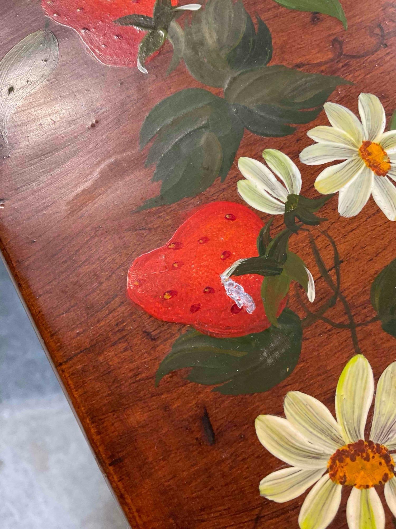 Charming Vintage Wood & Cast Iron Folding Child's School Desk w/ Painted Strawberry Motif. - 6
