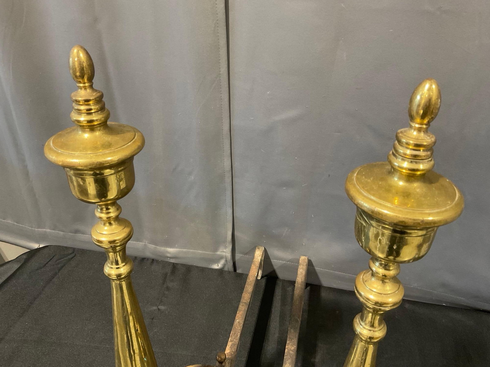 Pair of Antique Cast Brass Sheffield New York Fireplace Andirons, Tall Finial designs - 2