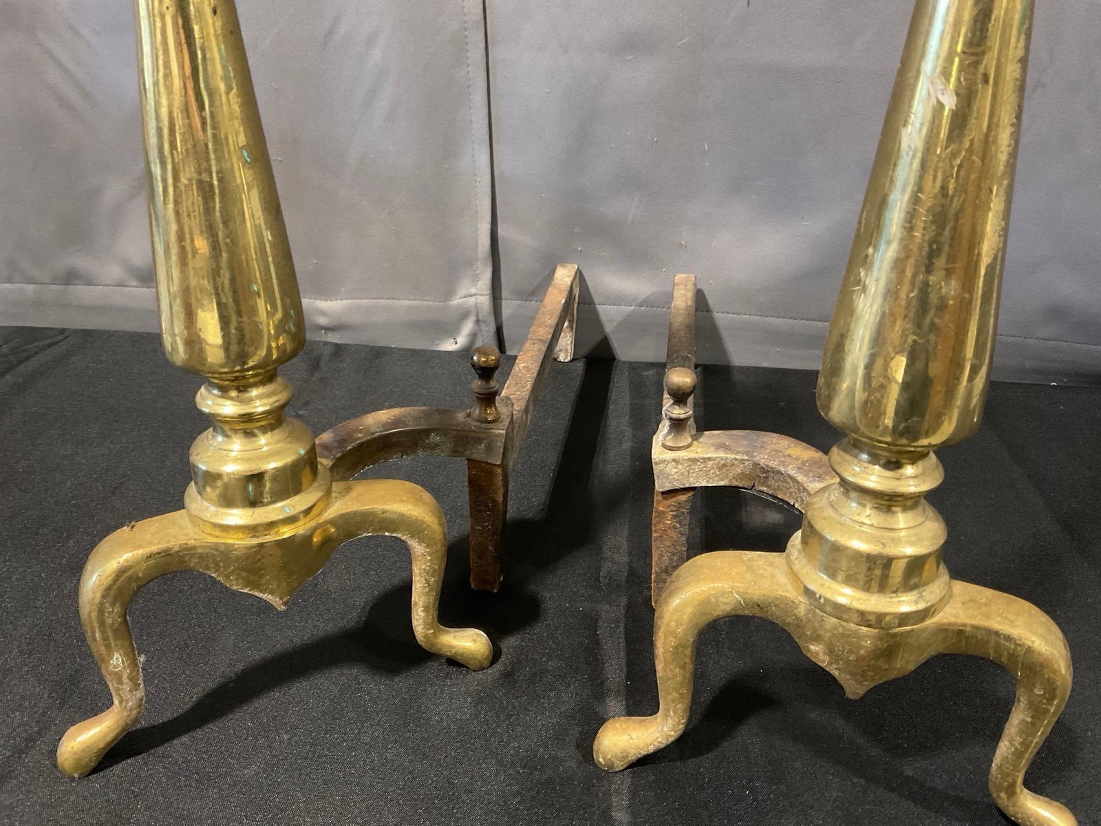 Pair of Antique Cast Brass Sheffield New York Fireplace Andirons, Tall Finial designs - 3