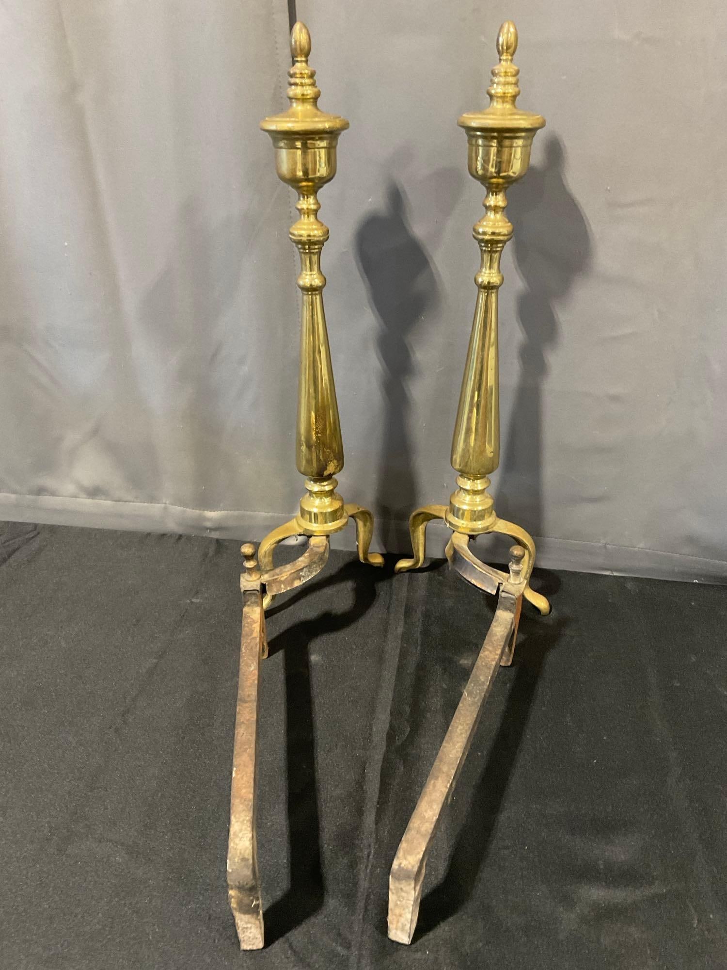 Pair of Antique Cast Brass Sheffield New York Fireplace Andirons, Tall Finial designs - 4