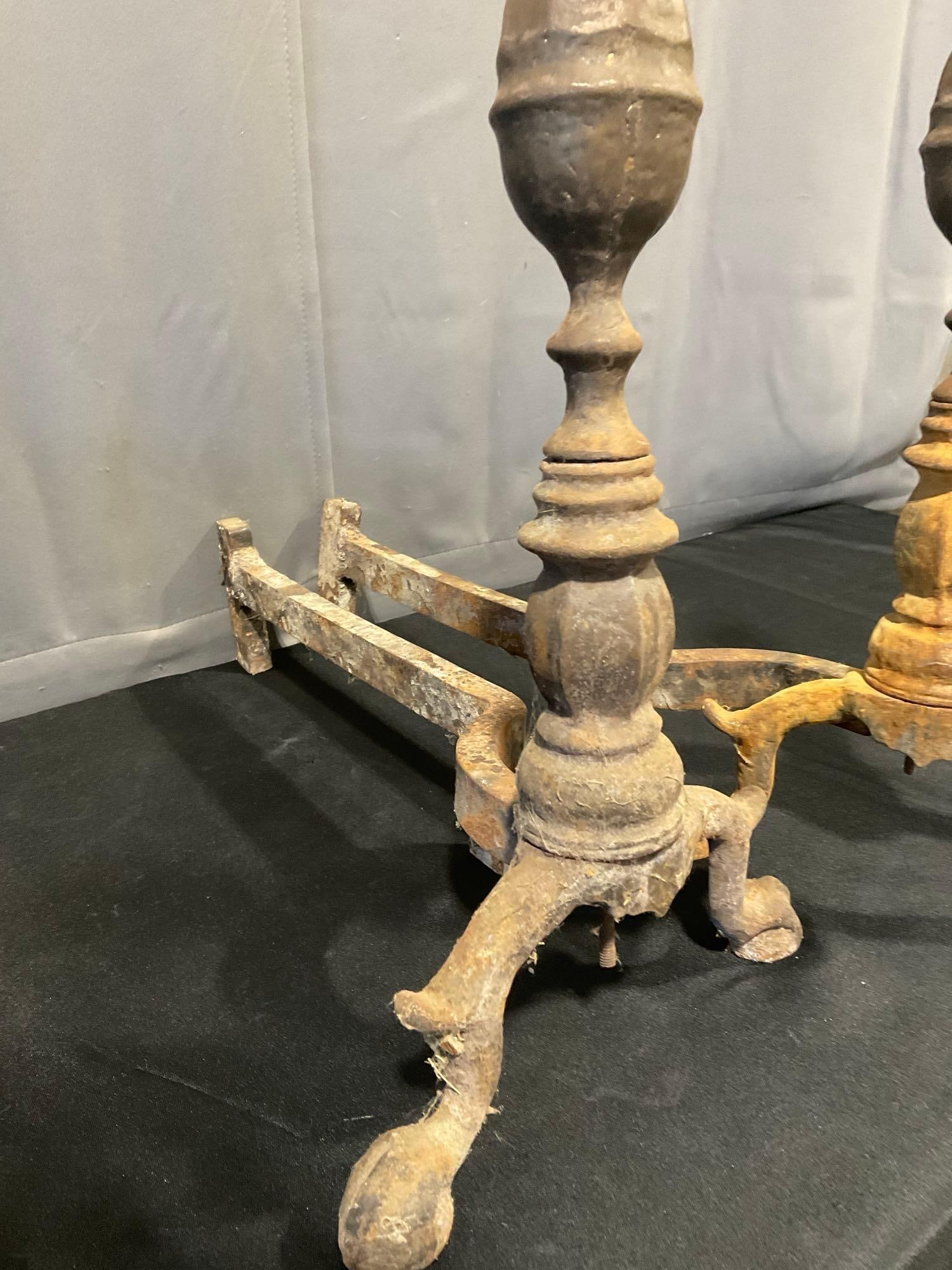 Pair of Antique Cast Iron Fireplace Andirons, some lost finish, & oxidation - 2