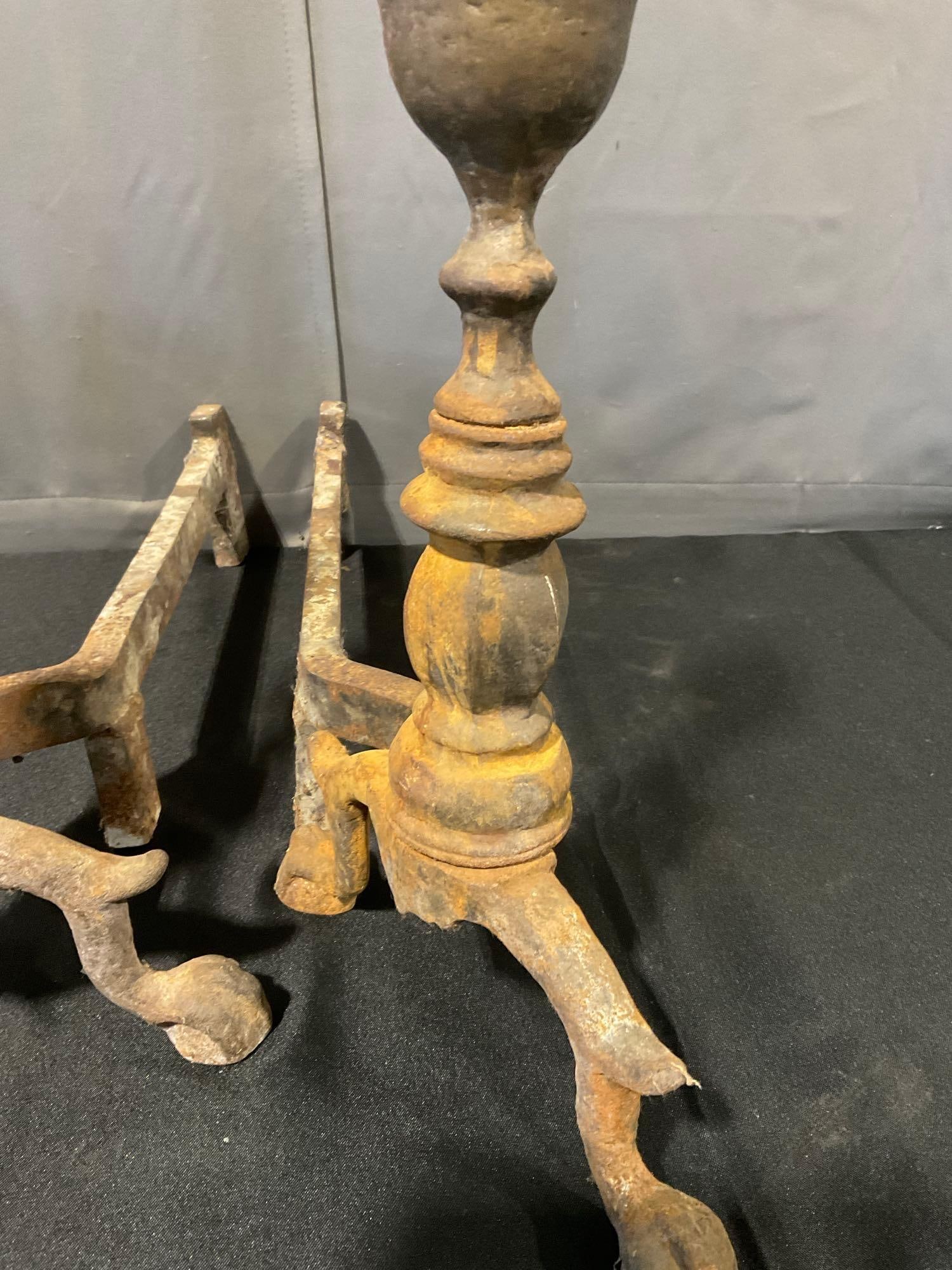 Pair of Antique Cast Iron Fireplace Andirons, some lost finish, & oxidation - 3