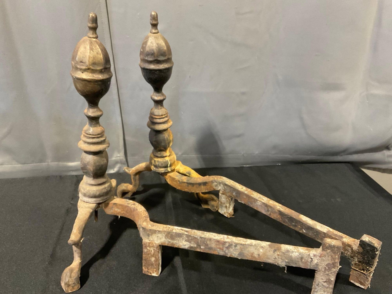 Pair of Antique Cast Iron Fireplace Andirons, some lost finish, & oxidation - 4