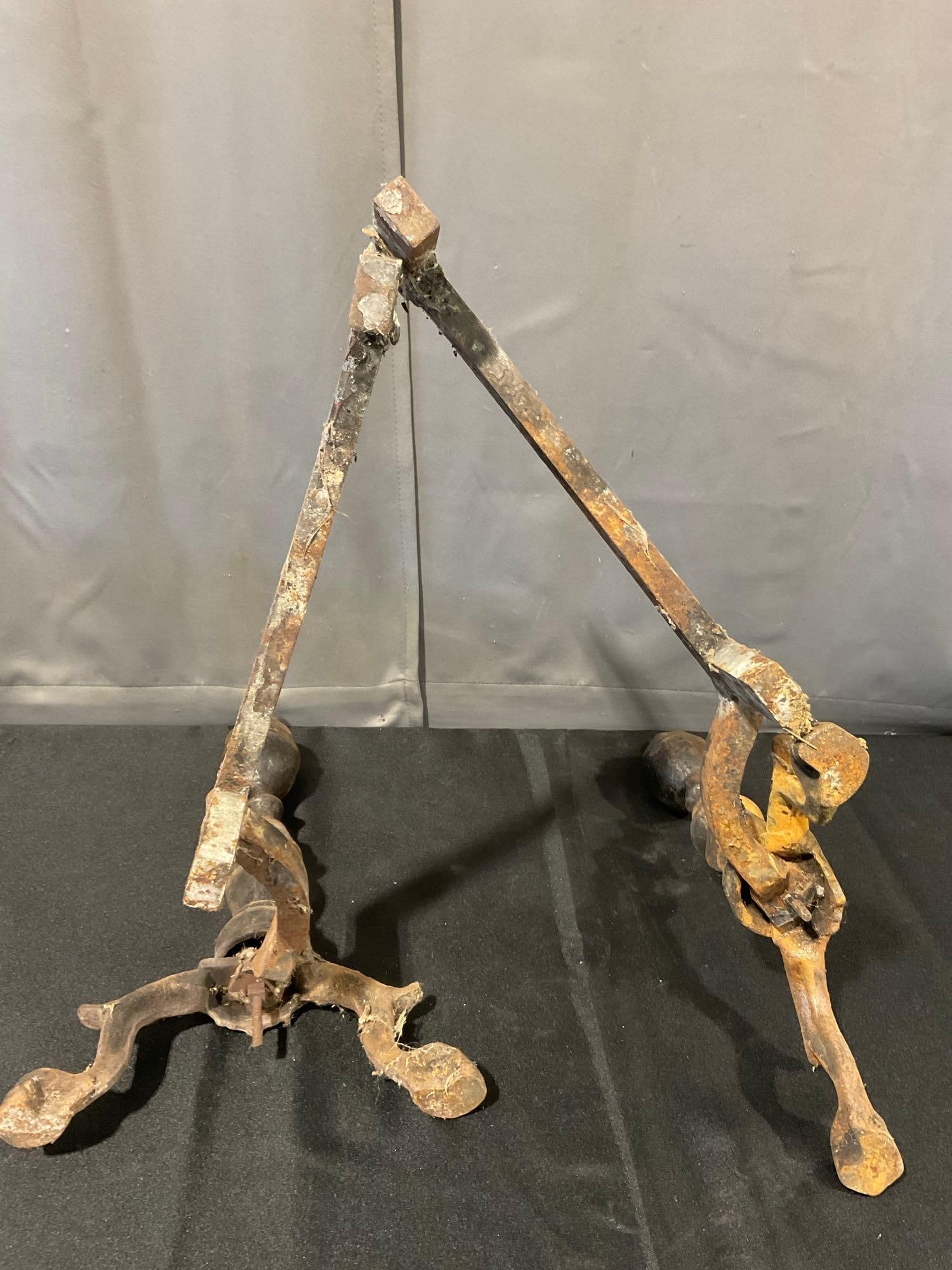 Pair of Antique Cast Iron Fireplace Andirons, some lost finish, & oxidation - 5