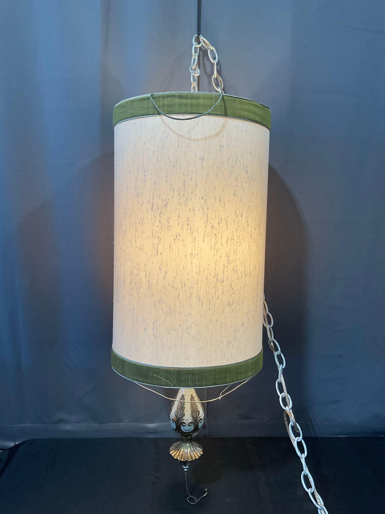 Vintage Mid Century Hanging Swag Lamp, Cast Brass Finial, White Chain, Tested & working: Appears to be in good shape, tested & working. The piece measures approx 33h x 13w x 13 inches. See pics. E-6610 *Oversized shipping may apply*