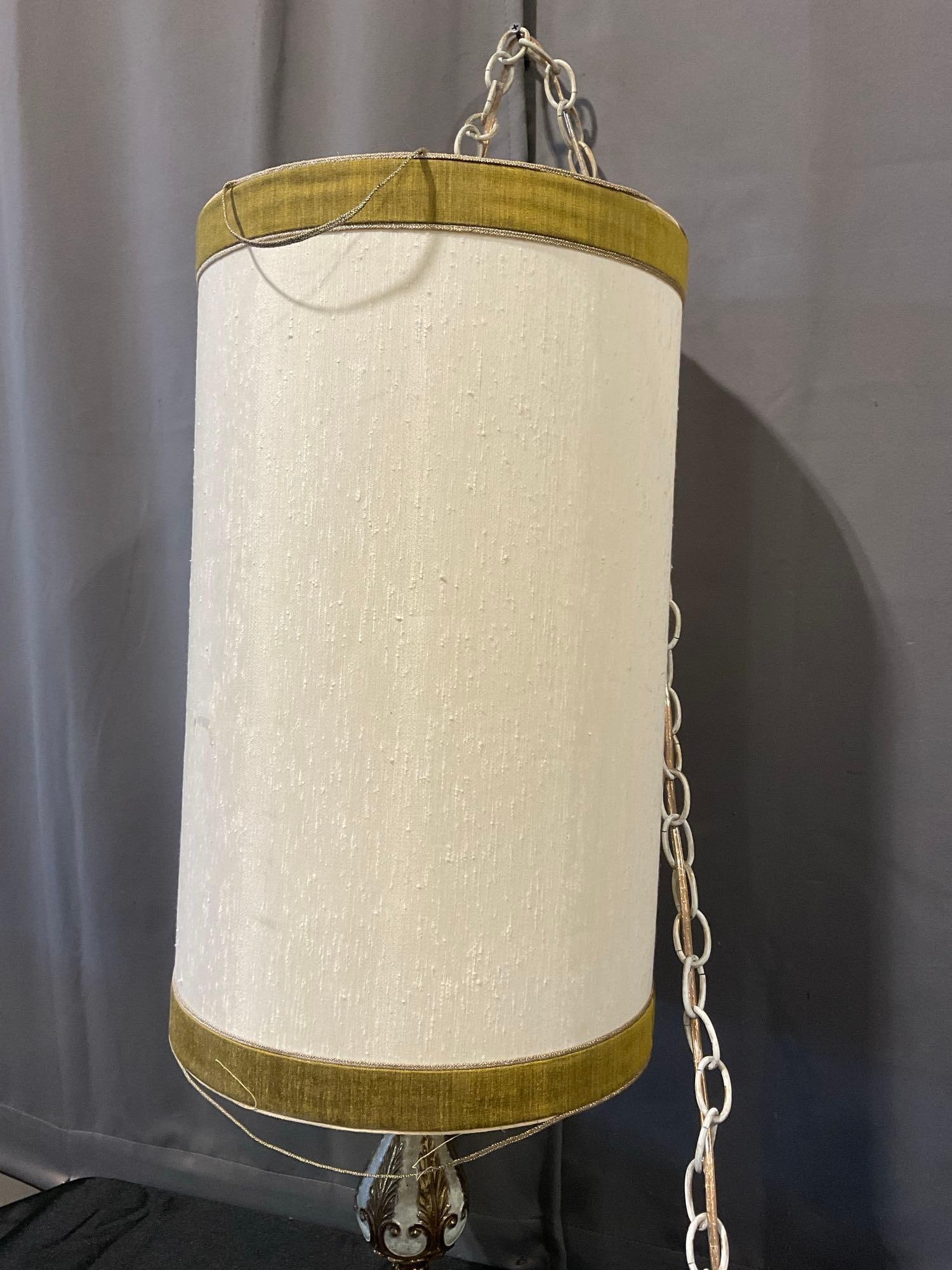 Vintage Mid Century Hanging Swag Lamp, Cast Brass Finial, White Chain, Tested & working - 4