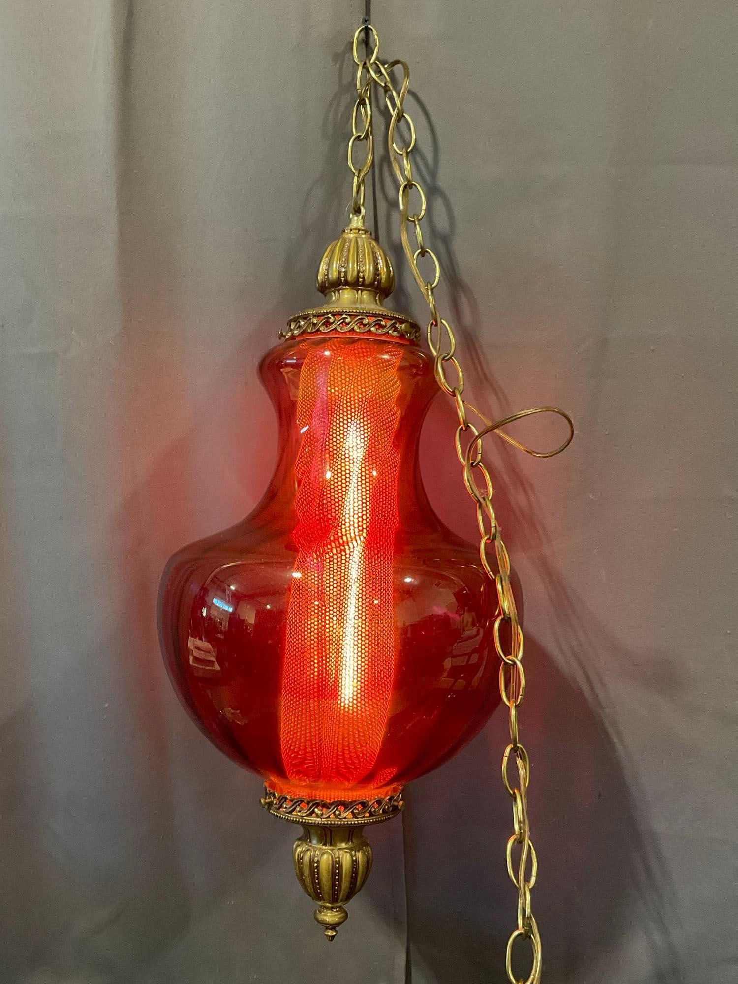 Vintage Ruby Red Glass Swag Lamp, Ornate Brass Finials on either side, 24 in + Chain, tested work... - 2