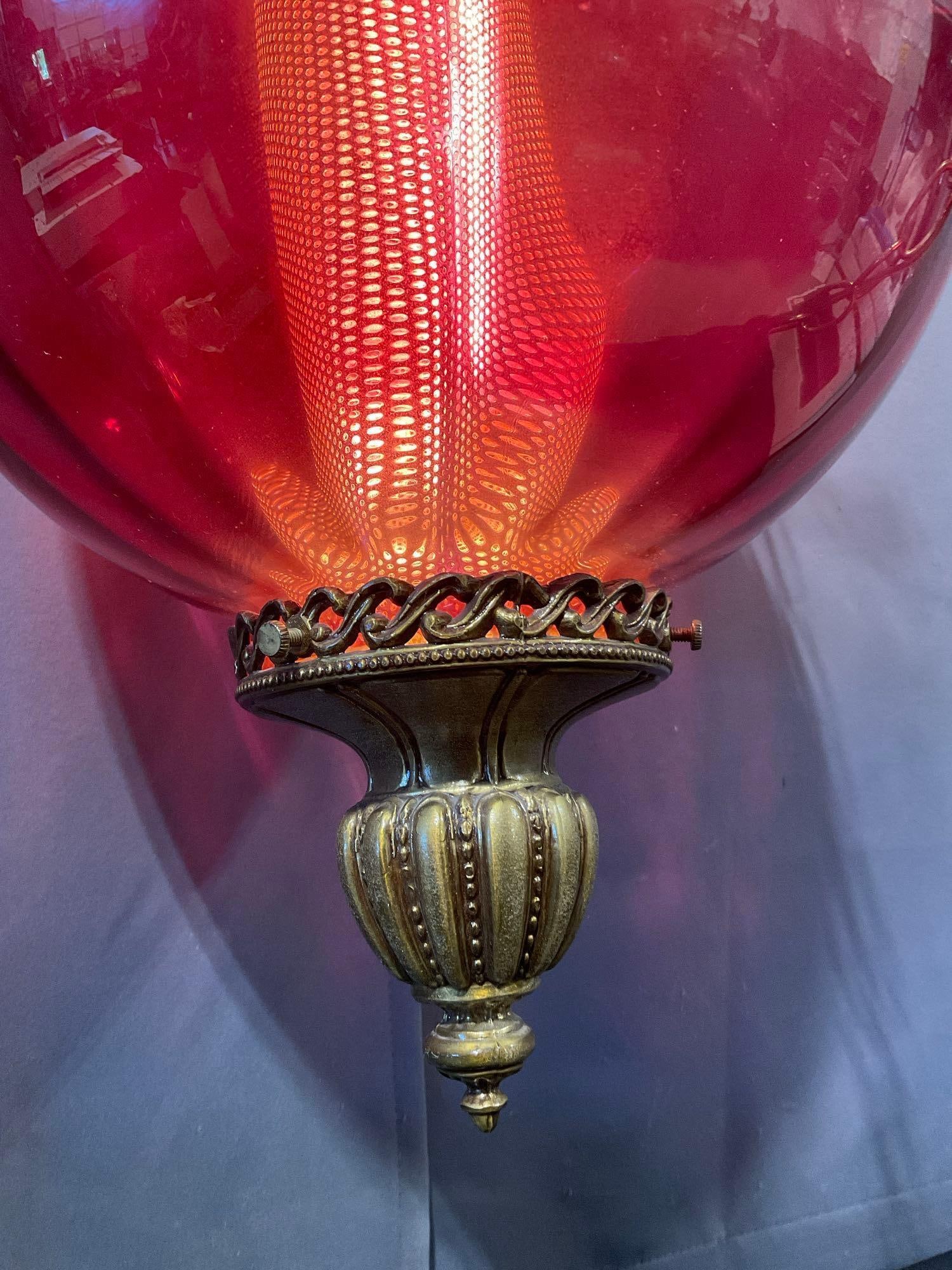 Vintage Ruby Red Glass Swag Lamp, Ornate Brass Finials on either side, 24 in + Chain, tested work... - 3