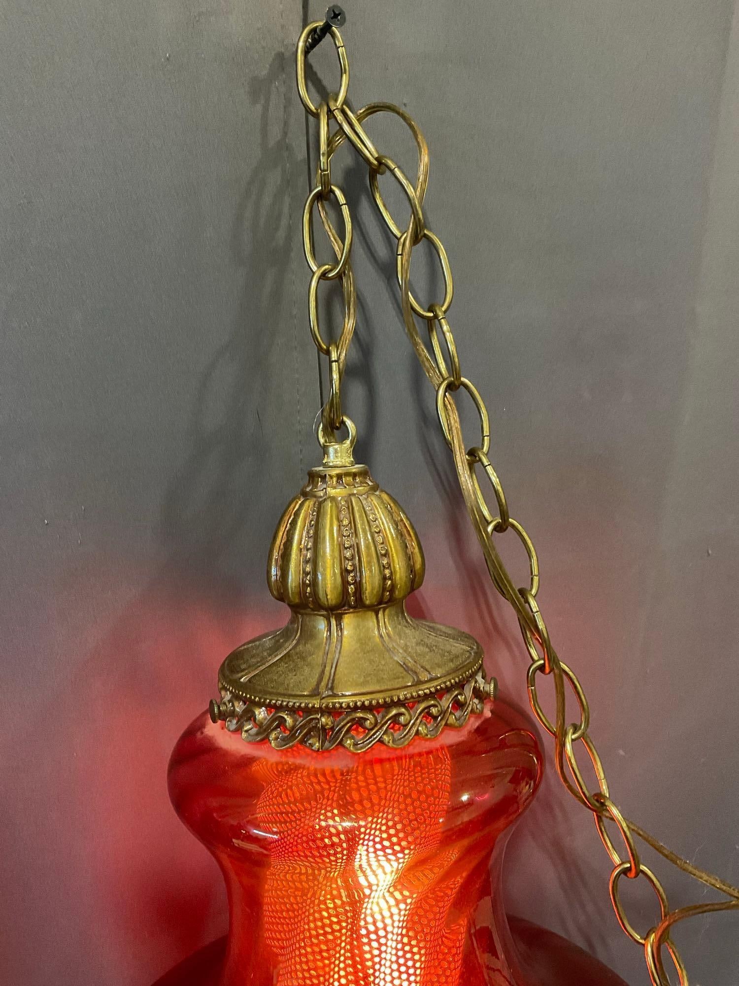 Vintage Ruby Red Glass Swag Lamp, Ornate Brass Finials on either side, 24 in + Chain, tested work... - 4