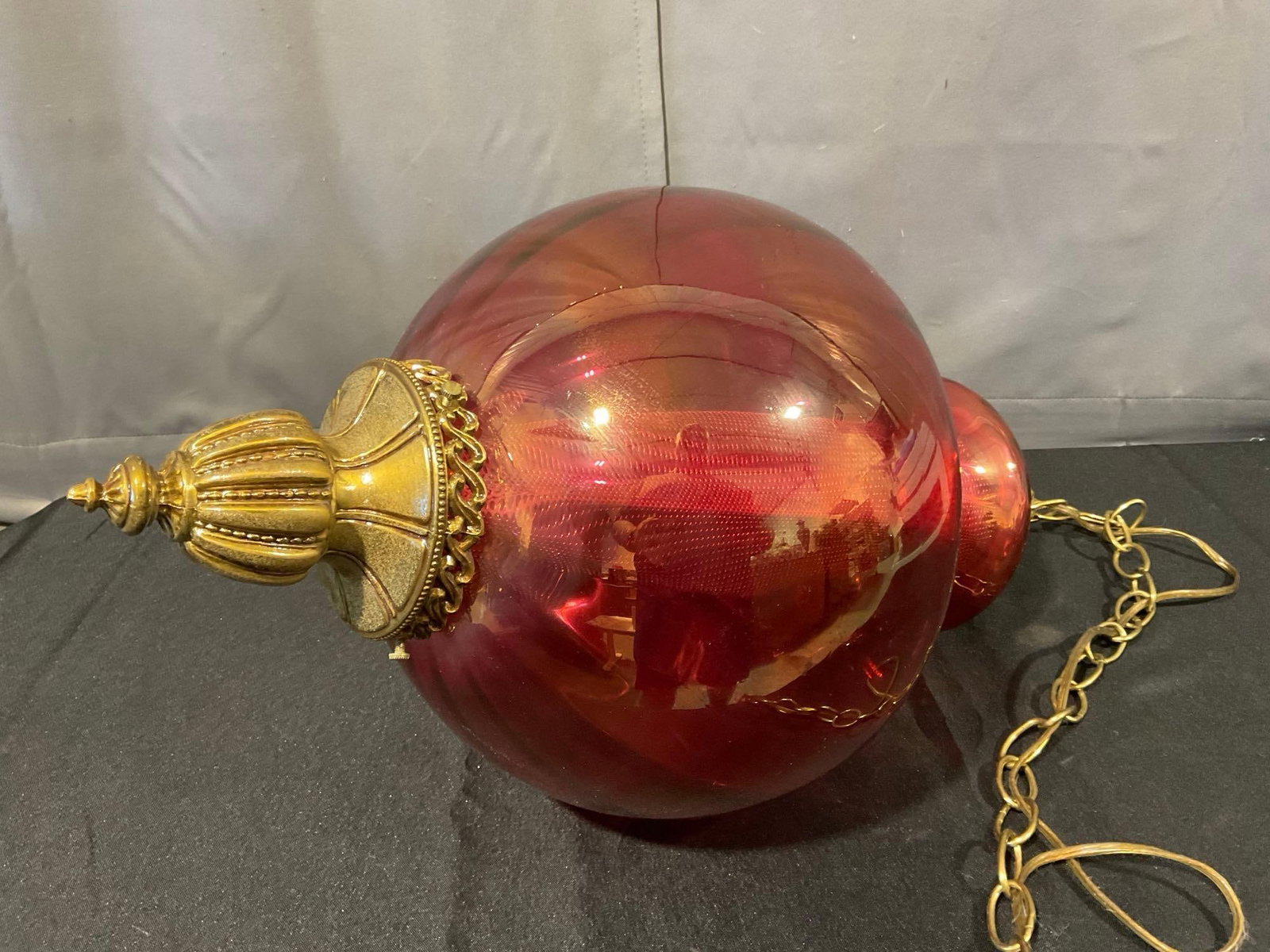 Vintage Ruby Red Glass Swag Lamp, Ornate Brass Finials on either side, 24 in + Chain, tested work... - 5