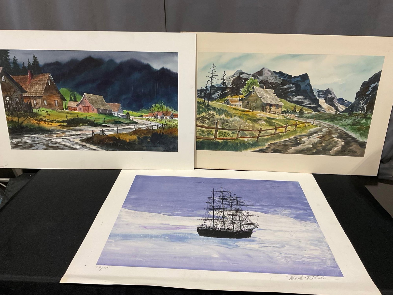 2 Original Watercolors, Rural Barn scenes, & Litho Ship, Signed & #d 26/100 by Mark Wheeler, 24x31: Appears to be in good shape. The piece measures approx 24h x 31w x 2d inches. See pics. E-6610
