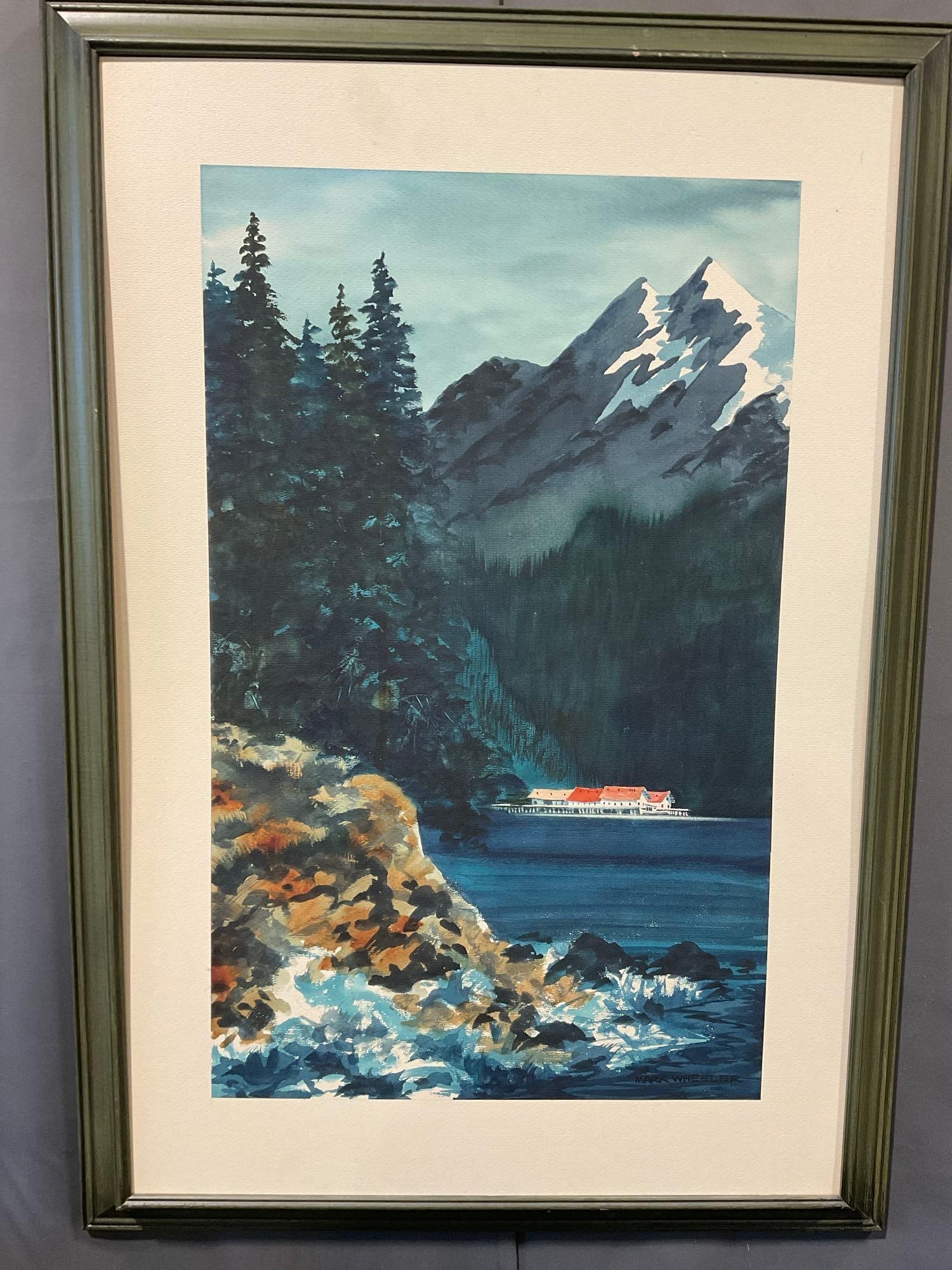 Framed Signed Original Watercolor Mountain Lake Scene by Mark Wheeler, 34x24 in, Deep Blues & Gre...: Appears to be in good shape. The piece measures approx 34h x 24w x 3d inches. See pics. E-6610