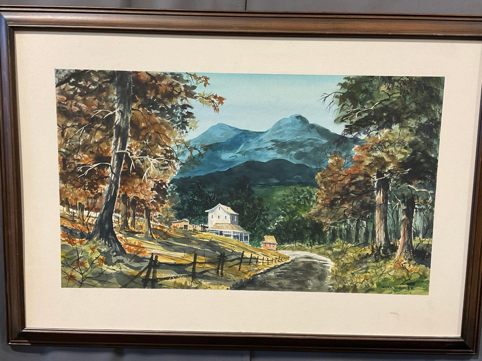 Framed Original Watercolor Country Path Scene, by Mark Wheeler, 24x34 inches: Appears to be in good shape. The piece measures approx 24h x 34w x 3d inches. See pics. E-6610