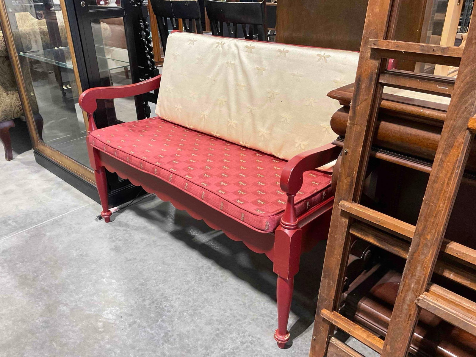 Vintage Riverside Furniture Red Painted Wooden Bench w/ Dragonfly Cushions. Fair Condition. - 2