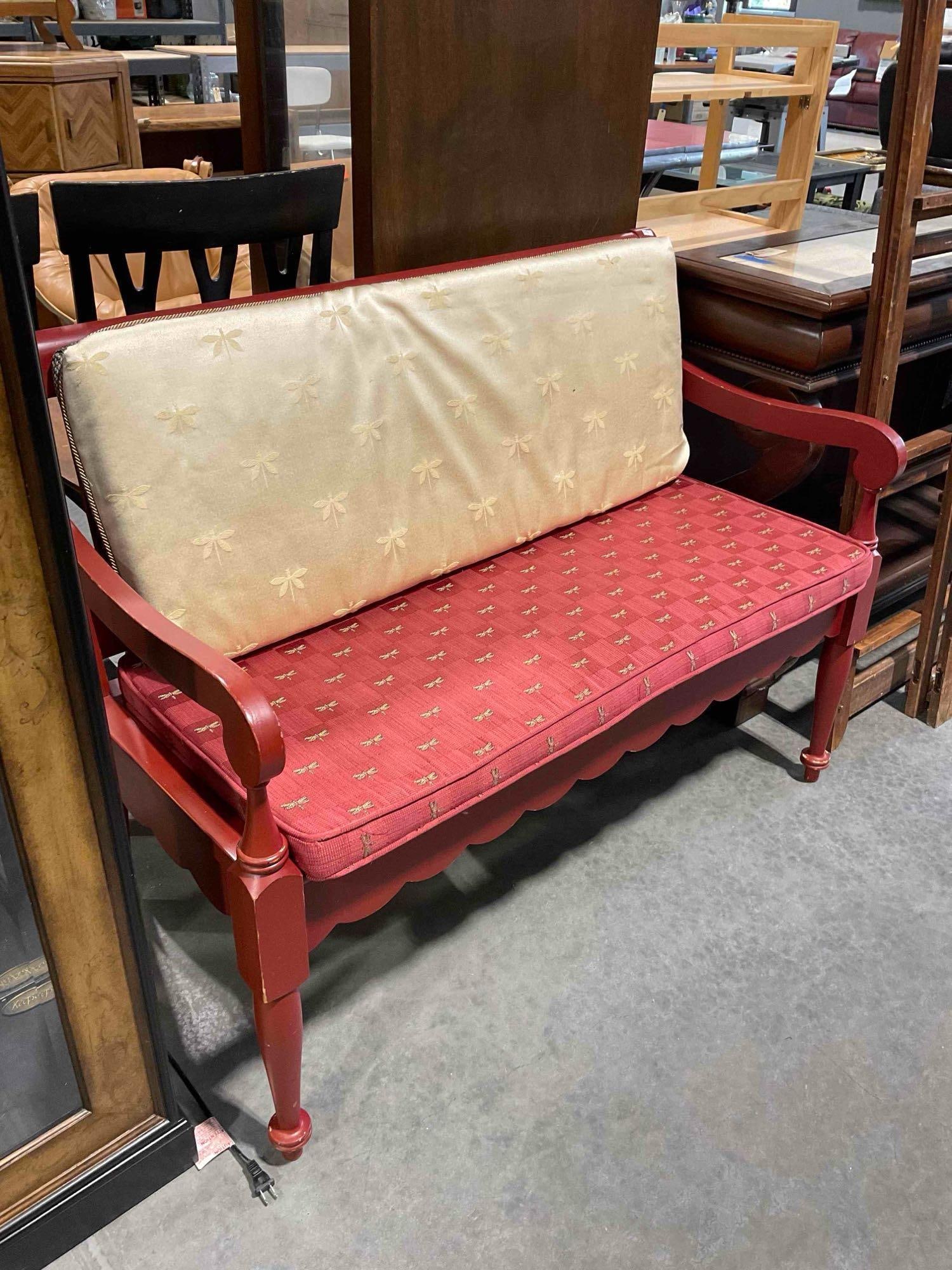 Vintage Riverside Furniture Red Painted Wooden Bench w/ Dragonfly Cushions. Fair Condition. - 3