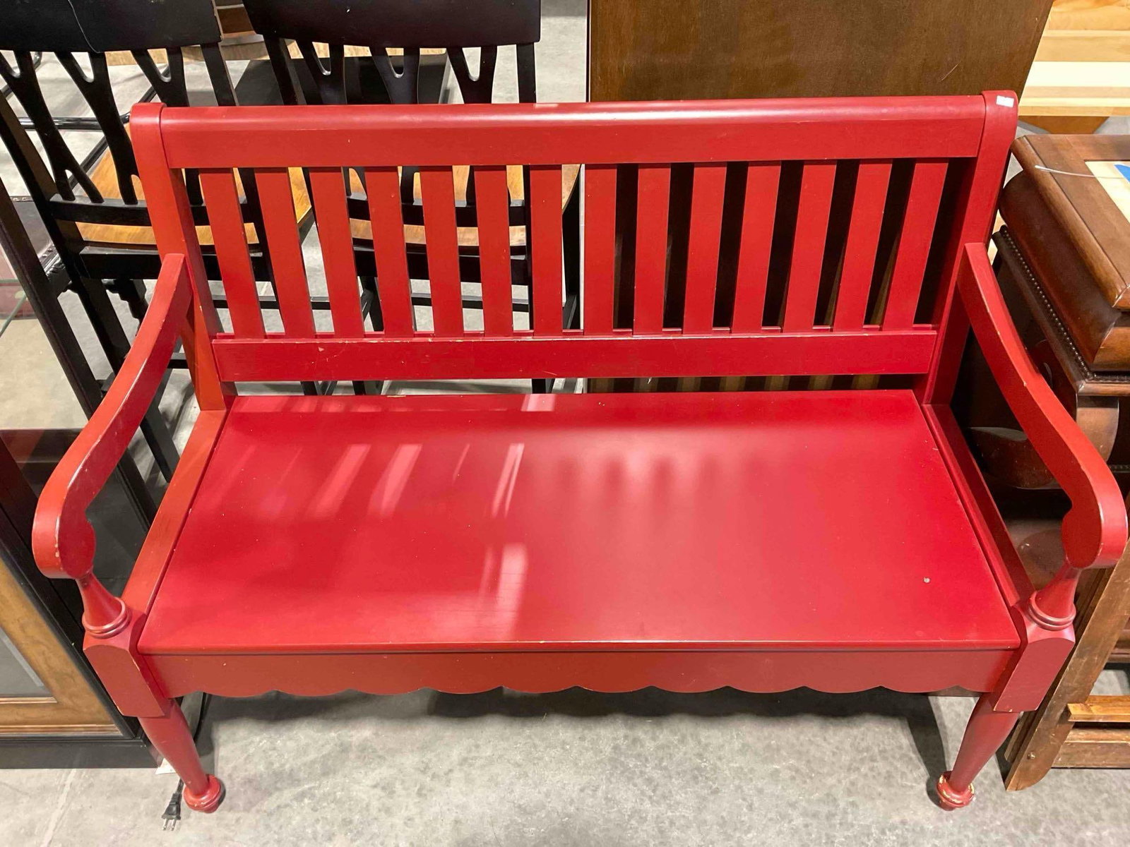 Vintage Riverside Furniture Red Painted Wooden Bench w/ Dragonfly Cushions. Fair Condition. - 4