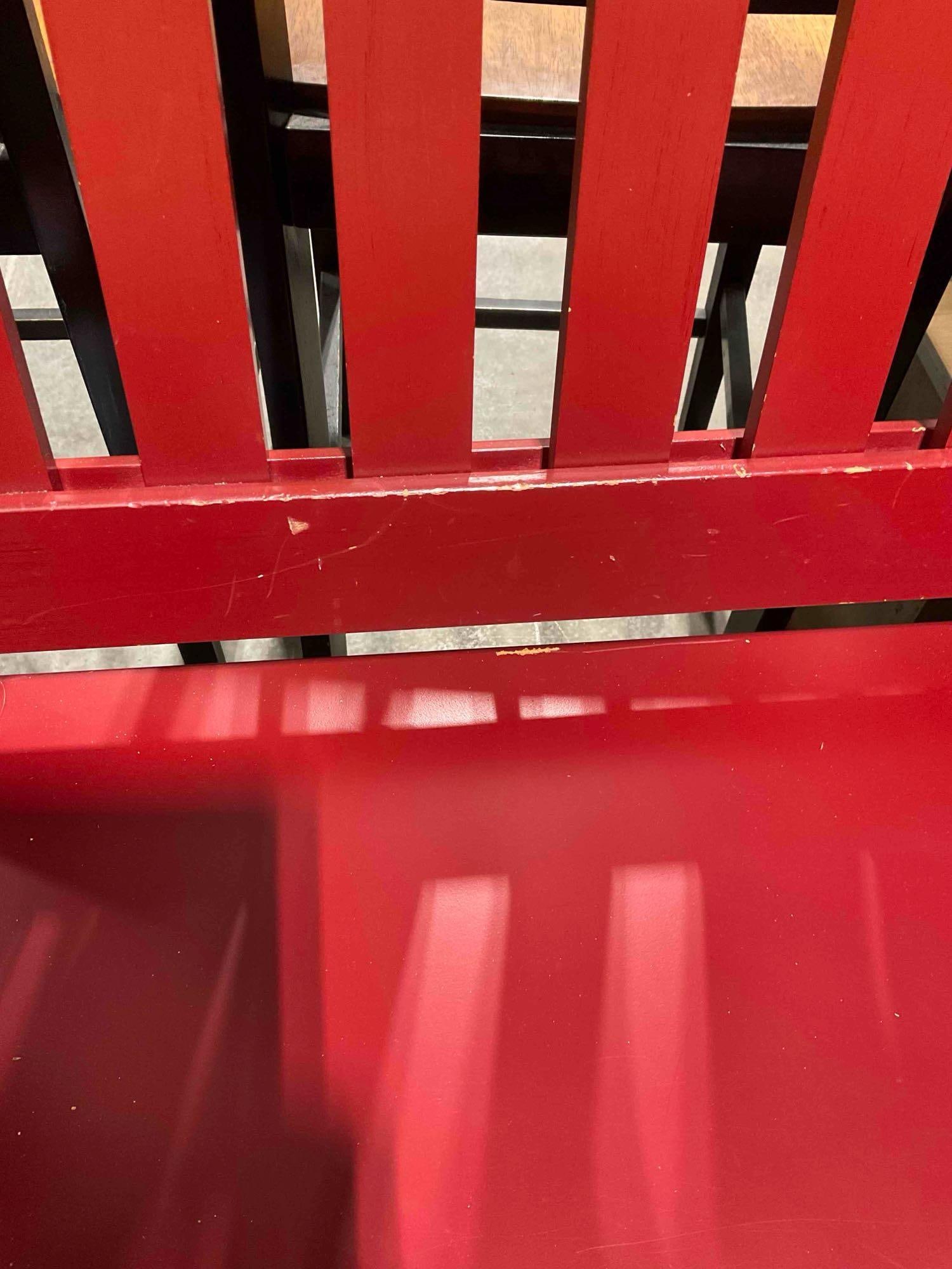 Vintage Riverside Furniture Red Painted Wooden Bench w/ Dragonfly Cushions. Fair Condition. - 6
