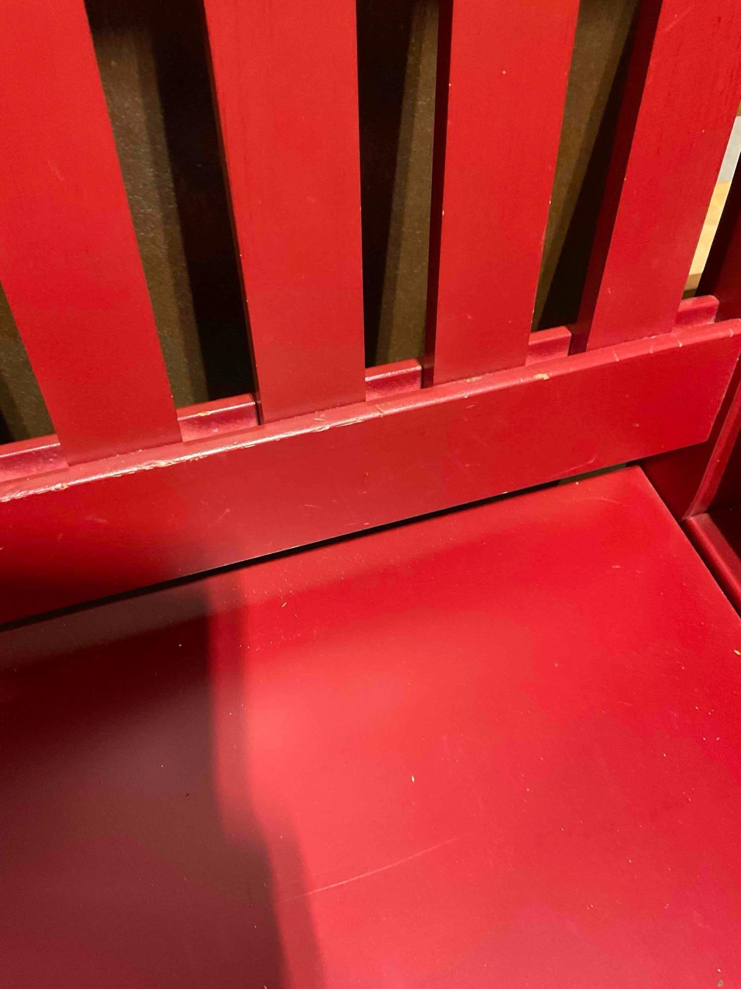 Vintage Riverside Furniture Red Painted Wooden Bench w/ Dragonfly Cushions. Fair Condition. - 7