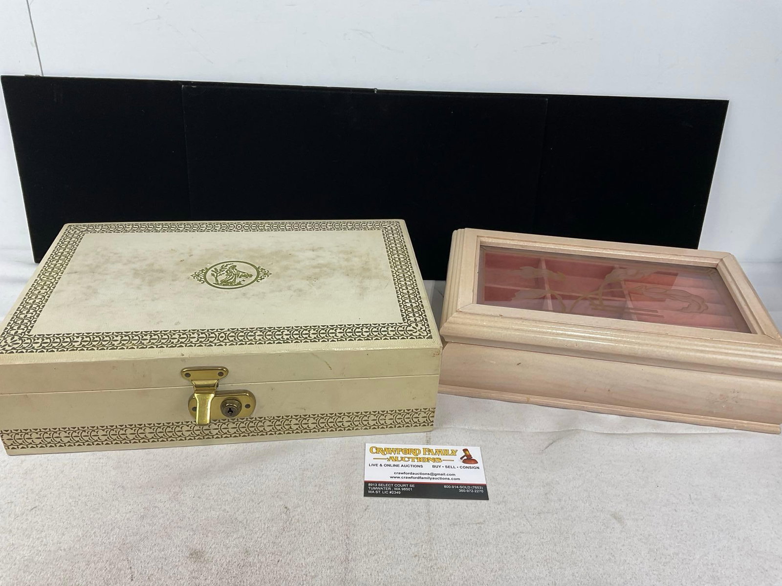 Pair of Jewelry Boxes, Cream & Gold-Trimmed Mele & Dayton Hudson Chest, w/pink velvet interior: Appears to be in good shape. The piece measures approx 8h x 13w x 9d inches. See pics. E-414