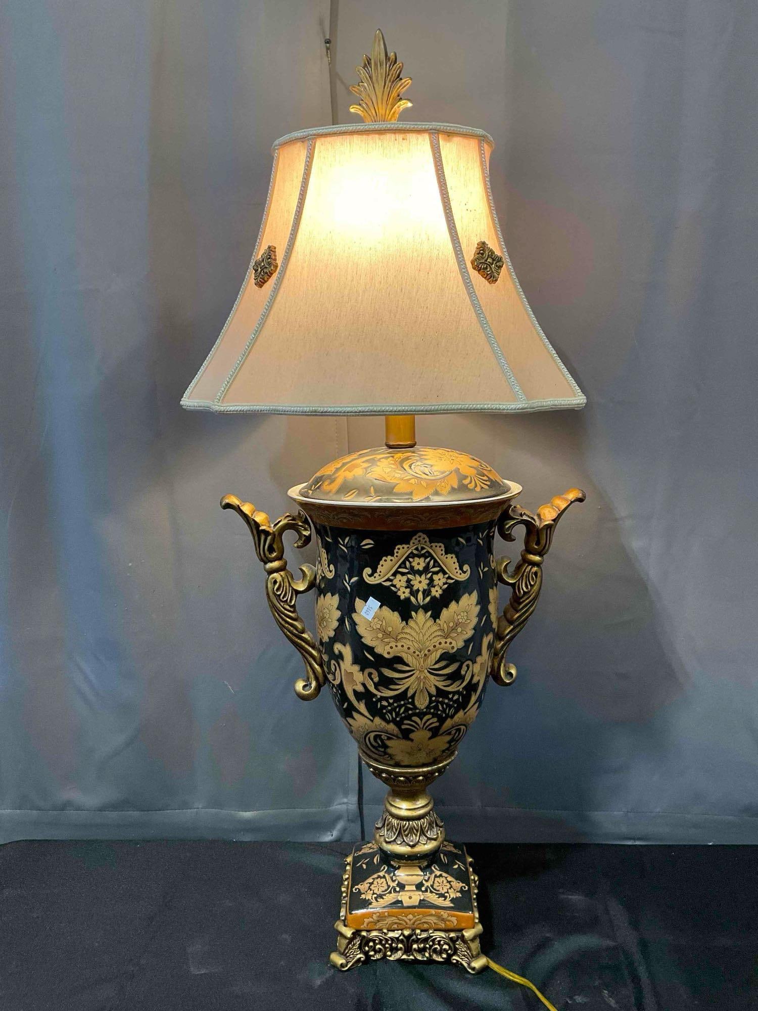 Black & Gold Ceramic & Composite Urn Table Lamp w/ Pale Pink Fabric Shade. Tested, Works. (1 of 7)