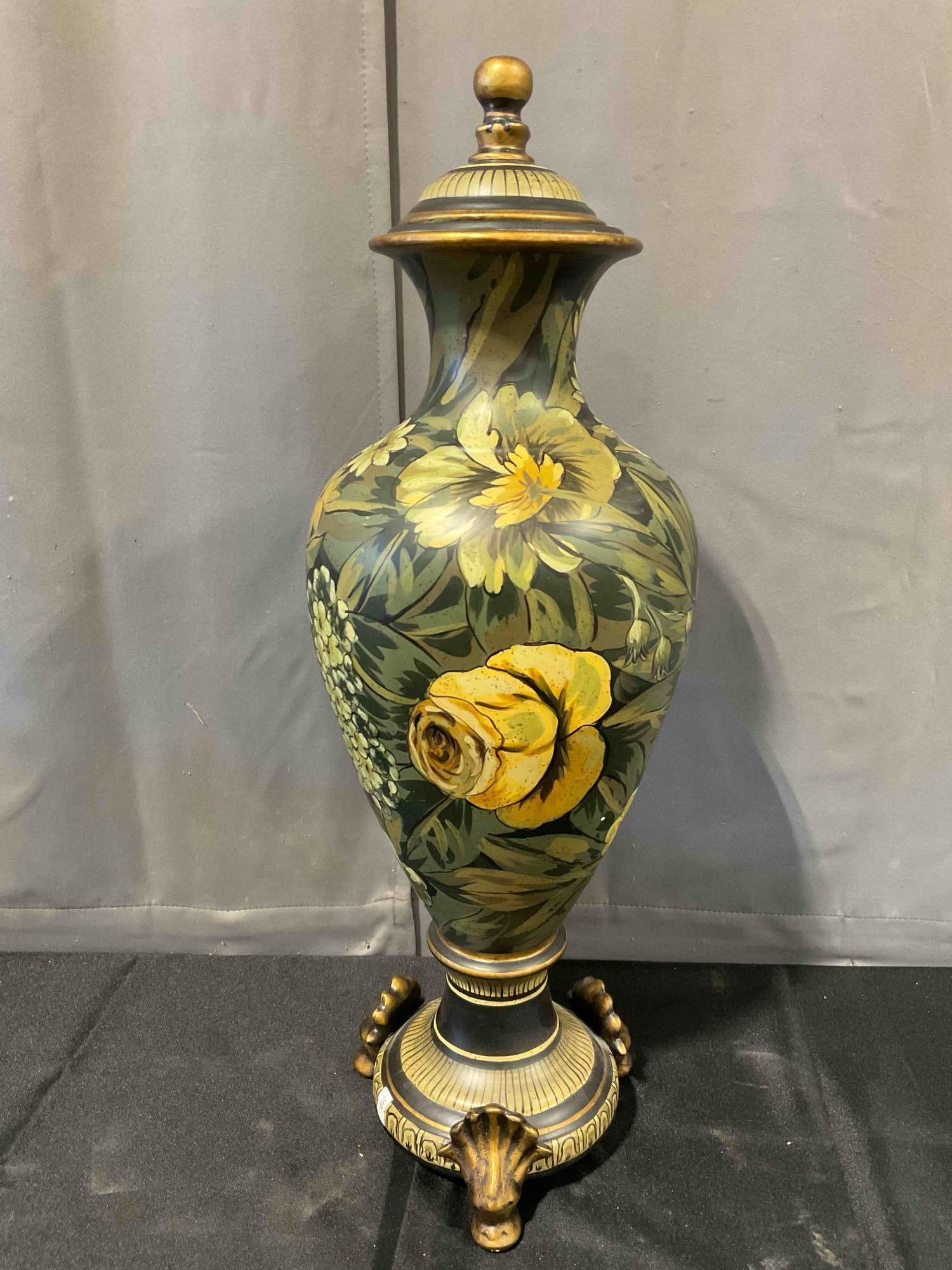 Vintage Raymond Waites Designed Painted Amphora Lidded Jar Urn w/ Yellow Flowers. See pics.: Vintage Raymond Waites Designed Painted Amphora Lidded Jar Urn w/ Yellow Flowers. Has a few dings, minor wear indicative of age and use, otherwise looks to be in fair condition. Measures 10" x 10" x 2