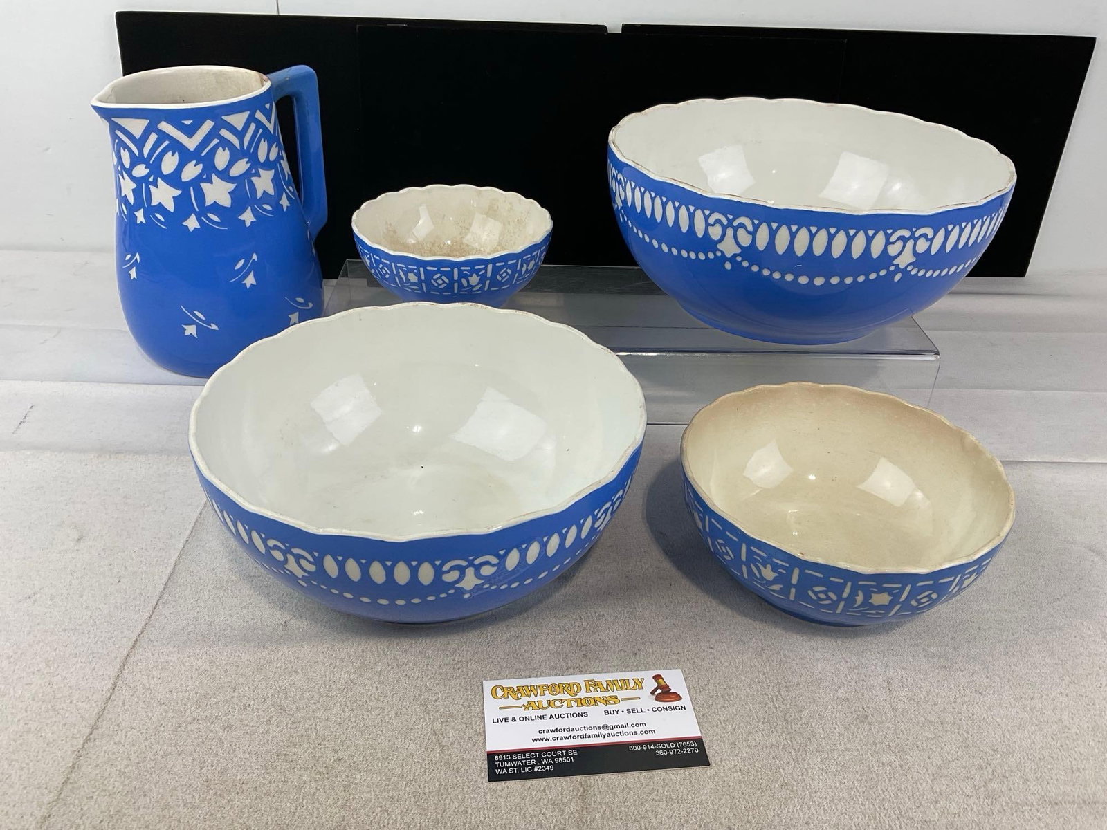 5 Vintage Villeroy & Boch Porcelain, Blue Cut to White finish, Saxony Patterns #6760, 6809 & 6812: Appears to be in good shape, the pitcher has a crack in it. The piece measures approx 10h x 11w x 11d inches. See pics. E-6510