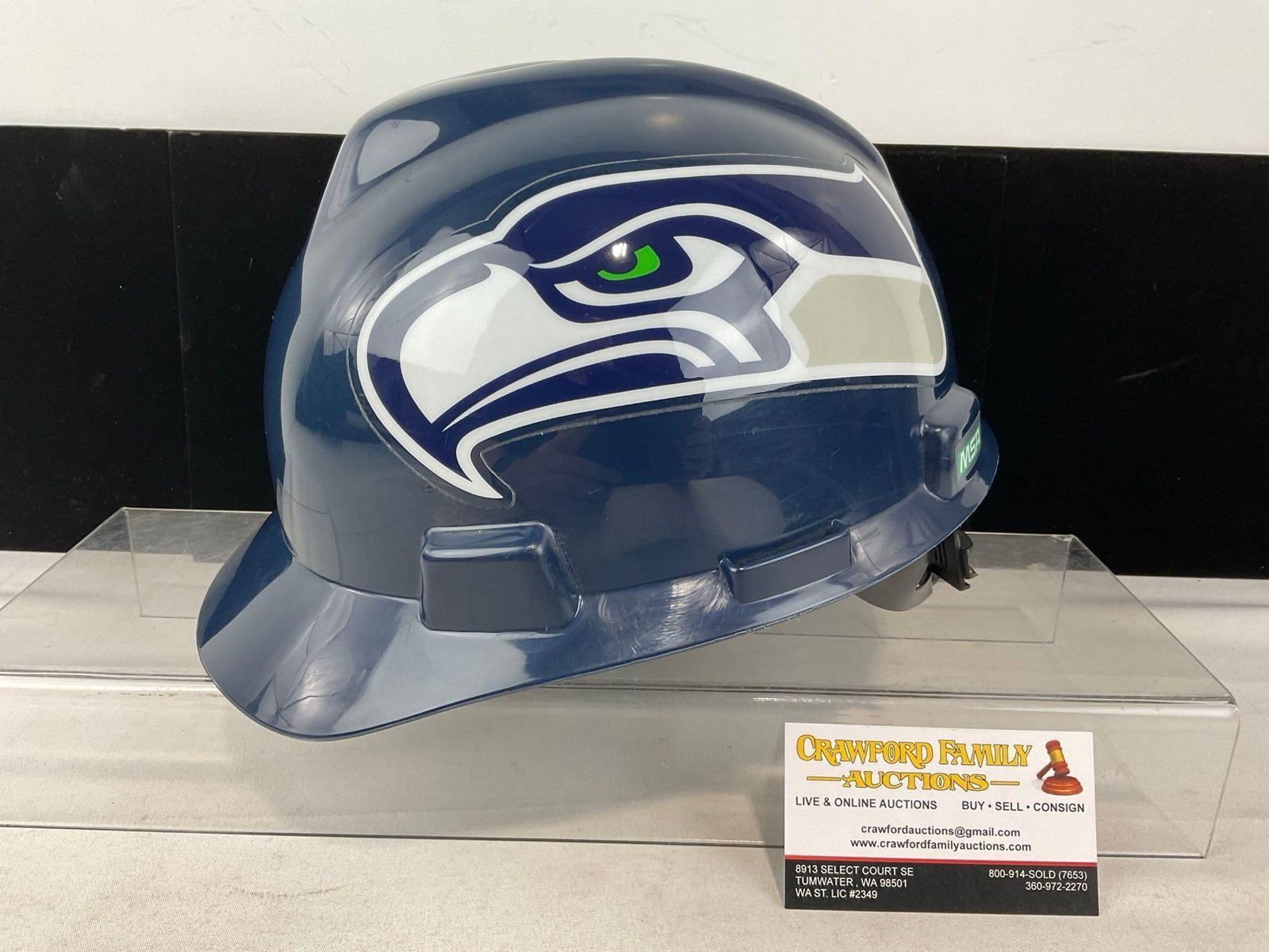 Seattle Seahawks Hard Hat, MSA V-Gard, Navy Blue w/Sticker on either side, Size Medium: Appears to be in good shape. The piece measures approx 7h x 10w x 11d inches. See pics. E-6290