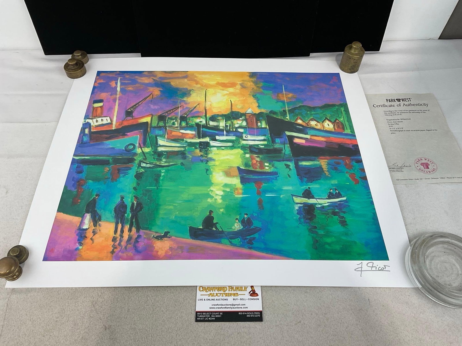 Unframed Seriolithograph in color, Un Soir DEte by Jean-Claude, 2013 w/COA, 20x24 inches: Similar to lot #27. With Park West COA. see pic for that. Appears to be in good shape. The piece measures approx 21h x 3w x 3d inches when rolled. See pics. E-5980