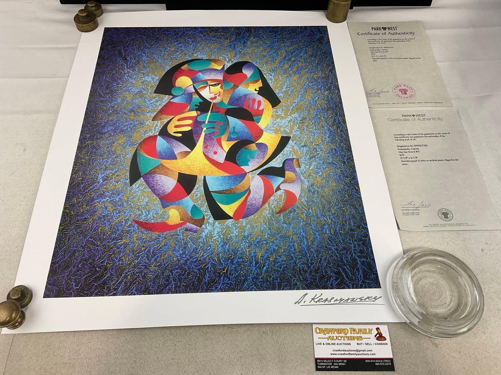 Unframed Seriolithograph, Play That Horn II #15 by Anatole Krasnyansky, 2013 w/COA, 20x24 inches: With Park West COA. see pic for that. Appears to be in good shape. The piece measures approx 21h x 3w x 3d inches when rolled. See pics. E-5980