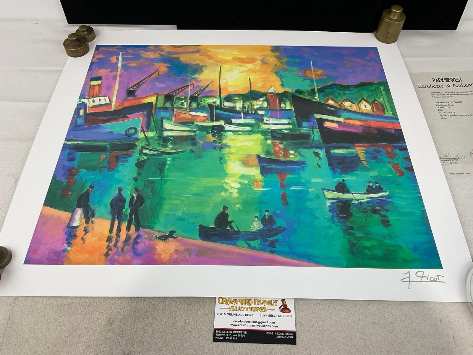 Unframed Seriolithograph titled Un Soir DEte by Jean-Claude Picot 2013 w/COA, 24x20 inches: Similar to lot #24. With Park West COA. see pic for that. Appears to be in good shape. The piece measures approx 21h x 3w x 3d inches when rolled. See pics. E-5980