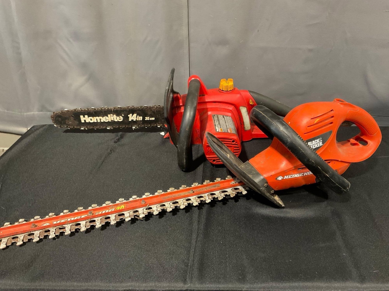 Homelite 14 inch Chainsaw & Black & Decker Hedgehog, both electric, used previously: Appears to be in good shape. The piece measures approx 35h x 15w x 15d inches. See pics. E-6340 *Freight Required if shipped, Buyer Arranged/Responsibility*