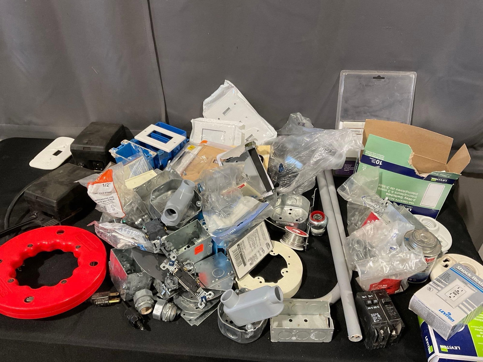 Tub Full of Wire Tape, Wire Connectors, Junction Boxes, Light Switches, some Pvc, Breakers & more: Appears to be in good shape. The piece measures approx 13h x 23w x 17d inches. See pics. E-6340 *Oversized shipping may apply*