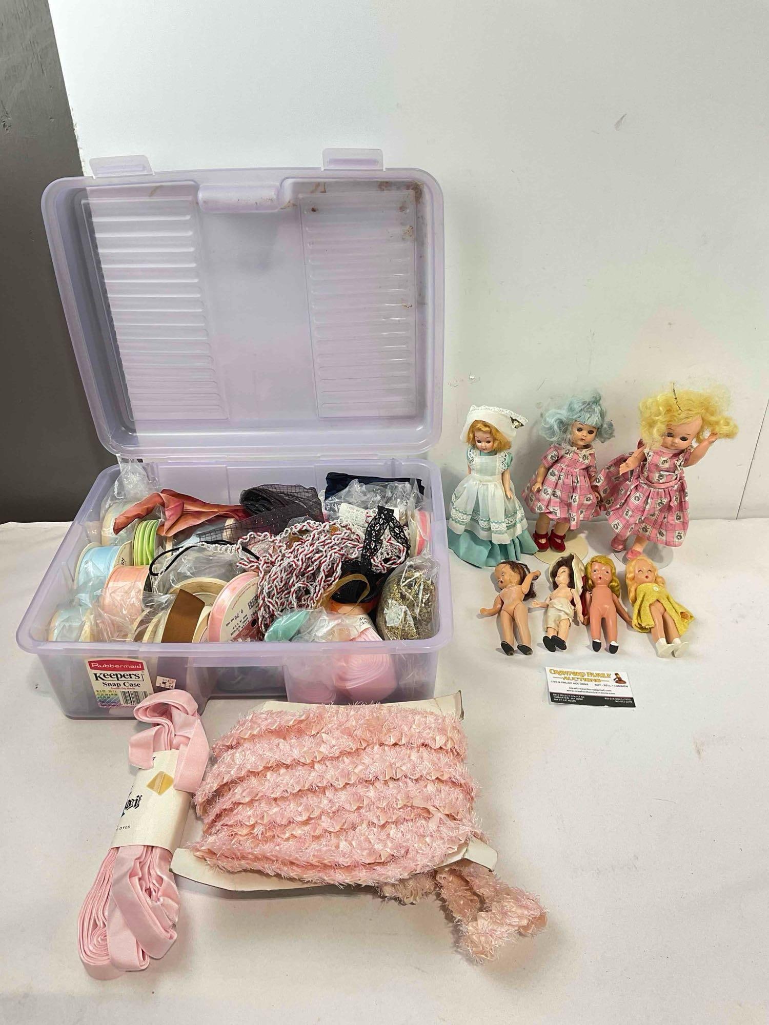 10+ pcs Vintage Assortment, incl. Box of Ribbons & 7 pcs Dolls. Fair Condition. See pics. (1 of 5)