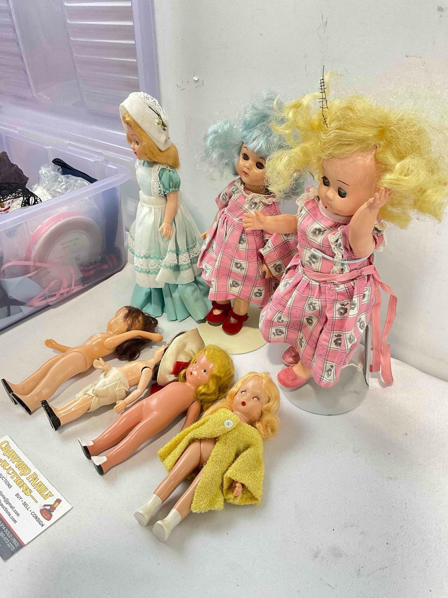10+ pcs Vintage Assortment, incl. Box of Ribbons & 7 pcs Dolls. Fair Condition. See pics. - 5