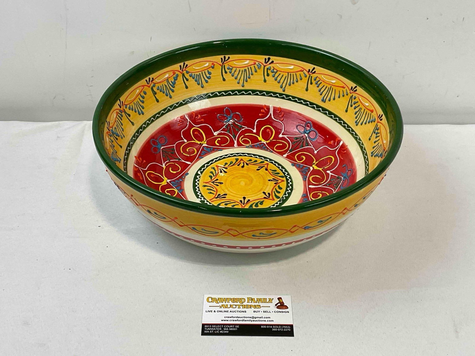 Vintage Colorful Spanish Hand Made "El Poyeton" Decorative Ceramic Bowl. Fair Condition.: Vintage Colorful Spanish Hand Made "El Poyeton" Decorative Ceramic Bowl. Fair Condition. Missing some glaze, decor has a few cracks, otherwise looks to be in fair condition. Measures 14" x 14" x 6"