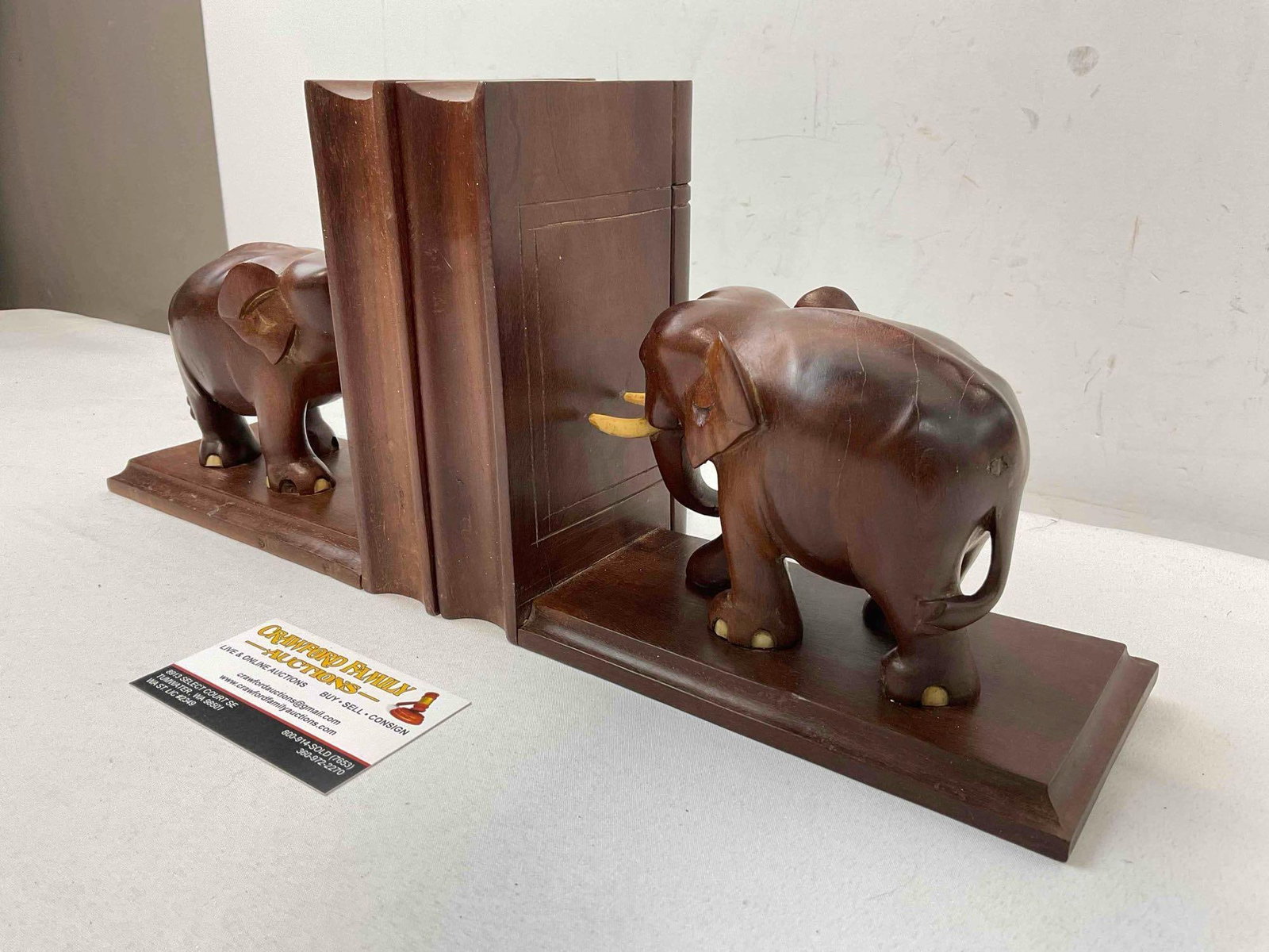 Vintage Charming Carved Mahogany? Wooden Elephant Bookends. Fair Condition. See pics. - 2