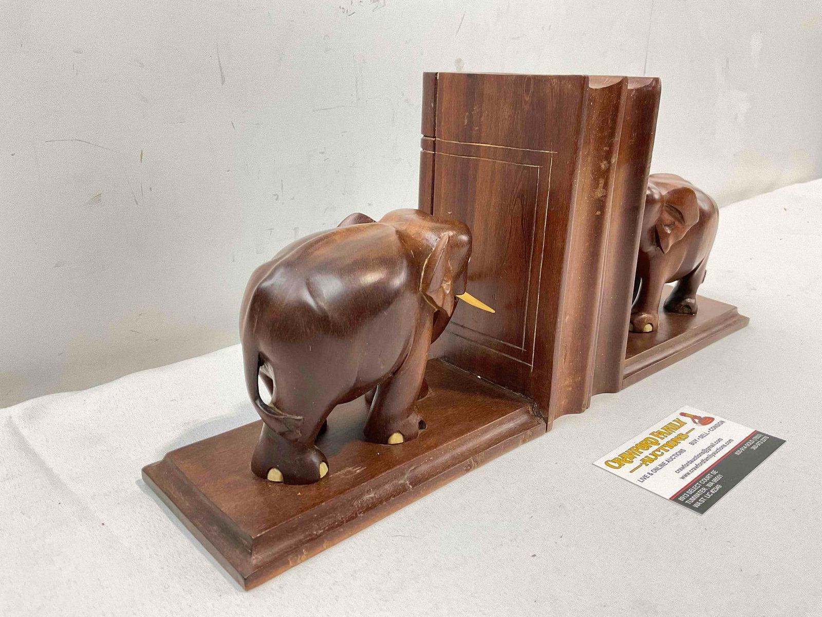 Vintage Charming Carved Mahogany? Wooden Elephant Bookends. Fair Condition. See pics. - 4